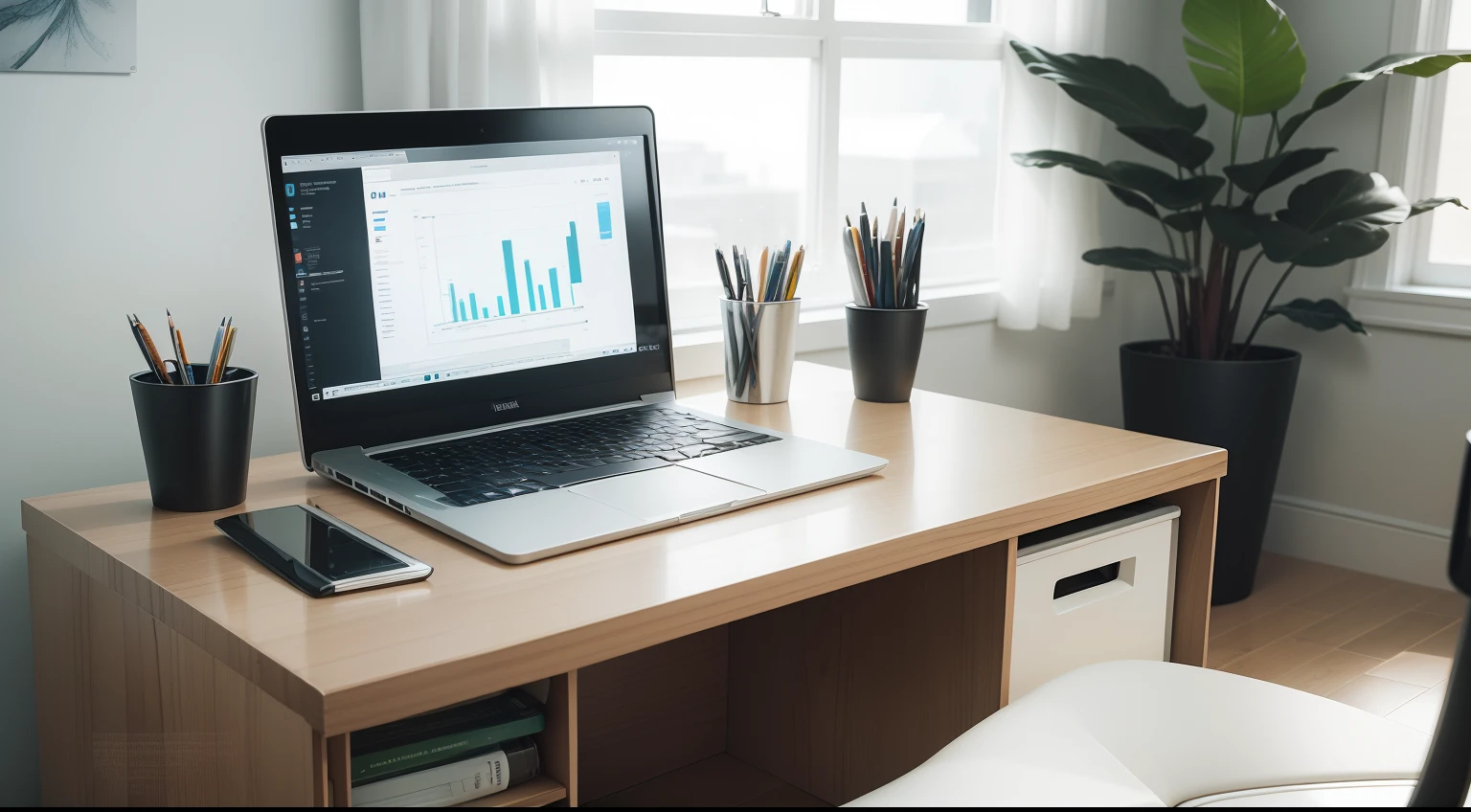 Here's a description of a photo featuring an office setup with a laptop and a desk against a pure white background:
Centered in the frame, an immaculate and modern office space is showcased. The background is pure, snowy white, emphasizing the clean and organized environment.
At the forefront of the image, an elegant office desk takes the spotlight. The desk is sleek and minimalist, made of a smooth, light-colored wood or perhaps a glossy surface, reflecting the bright and pristine surroundings.
Positioned atop the desk is a state-of-the-art laptop computer. The laptop's screen is illuminated, hinting at productivity in progress. The keyboard and touchpad are meticulously clean and ready for use, suggesting a focus on efficiency and organization.
The desk is uncluttered, with only essential office supplies neatly arranged. A slim pen holder holds an array of pens, while a notepad sits open, displaying neat handwritten notes or sketches. A stylish desk lamp with a simple design provides soft, focused lighting.
The white background behind the desk creates a sense of purity and clarity, allowing the details of the office setup to stand out. There are no distractions—only the essence of a well-organized workspace.
This image represents a pristine and efficient office environment, where productivity and creativity flow seamlessly. It embodies the ideal workspace for accomplishing tasks with precision and clarity.