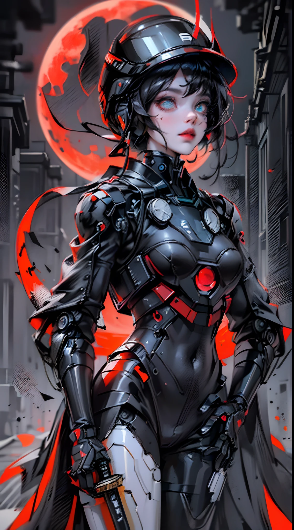 (((Best Quality))), ((masutepiece)) Full body, infp young woman(30-years old)、Cyborg Assassin, (((Holding two swords))) With black glossy futuristic mask, Dark grey metal body armor,Wear (((Traditional black large kimono embroidered with gold and red Japan symbol, Neofuturistic visual aesthetics, ((Perfect robotic eyes)) ((perfect symmetry)), Perfect face, Perfect body, Detailed white ink body art, dark palette, neon noire,Colorful graffiti on metal body frame and helmet、Red moon on background, Dark ominous clouds, Dystopian atmosphere,