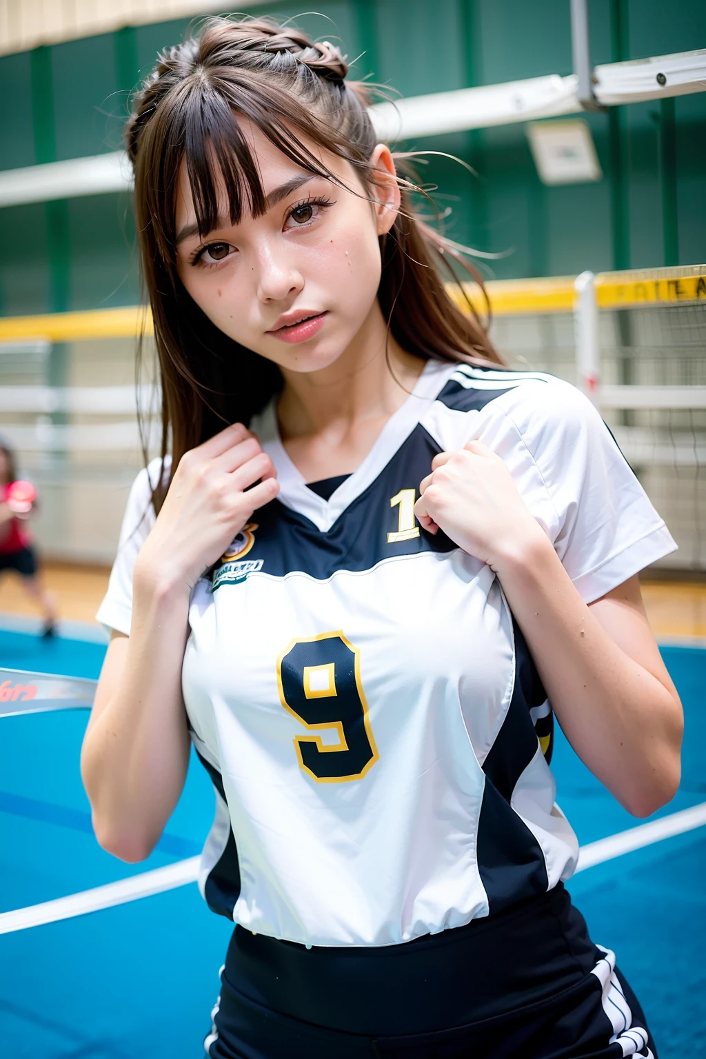 masterpiece:1.2、top-quality)、realisitic、(Authentic Photos、intricate detailes、depth of fields)、(1 girl in、独奏)、make - up、Parted lips、Highly detailed perfect face、(mideum breasts:1.4)、Constriction、tall、Shiny coral lips、Red hair、red eyes、poneyTail、(A girl playing volleyball、Volleyball Uniforms)、(Sweating:1.2)、(wet)、A sexy、red blush、Volleyball Court、Volleyball Net、Gymnasium、audience