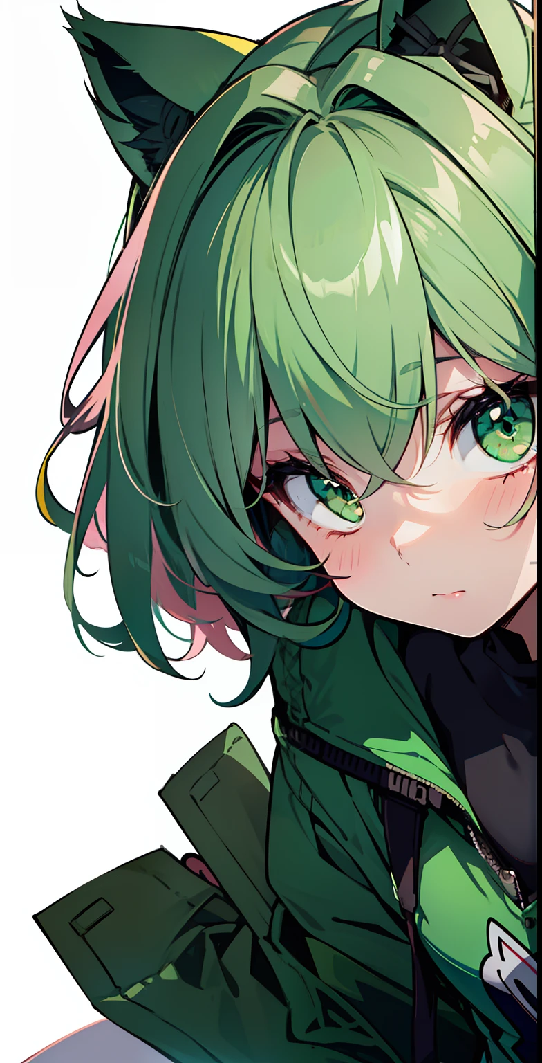 (outline drawing), (close-up), (small body: 1.2), (pink cheeks: 1.2), (green cat ears), (cute cat ears), (green hair), ( green eyes), (medium hair), (white background: 1.3)