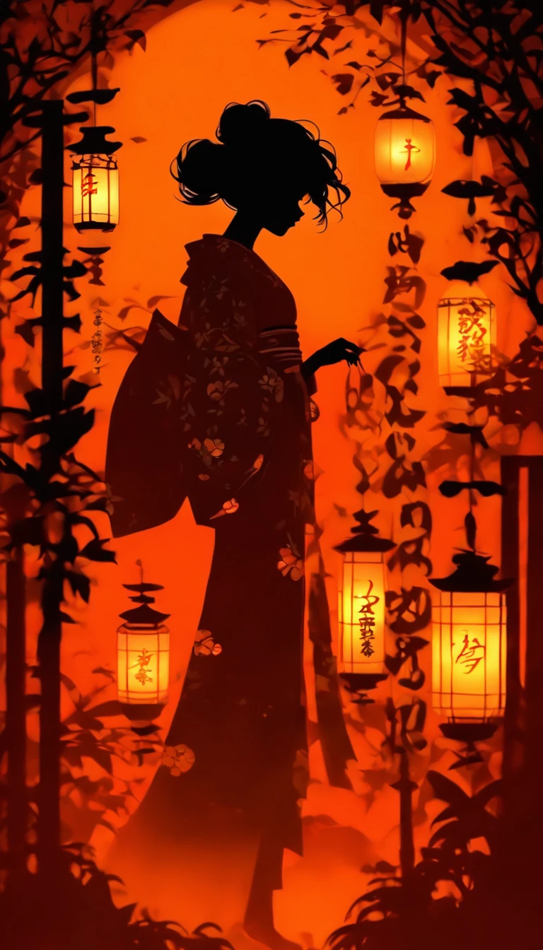 (Silhouette Art,cutouts:1.6)
(((Paper cutting art,A world where only black exists:1.3)
(Cowboy Shot),1 girl,Solo,
(Kimono Girl,profile:1.2),white, Clear and beautiful face,
BREAK
(Lots of lanterns、pale light)
Textured glass background,