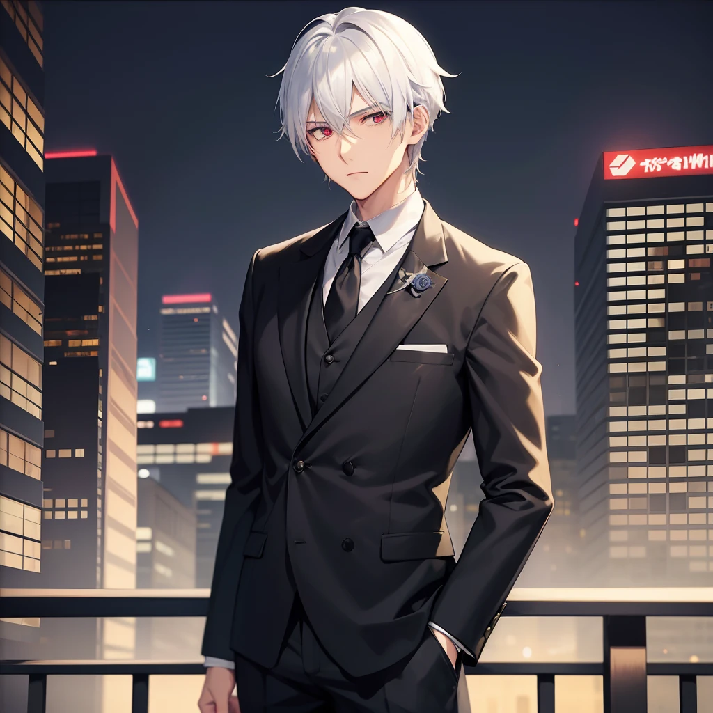 anime guy in a suit and tie standing in a city, white-haired, white haired, handsome anime pose, dapper dream demon, young anime man, anime handsome man, white fox anime, male anime character, a silver haired mad, male anime style, silver haired, Red eyes, crimson eyes.