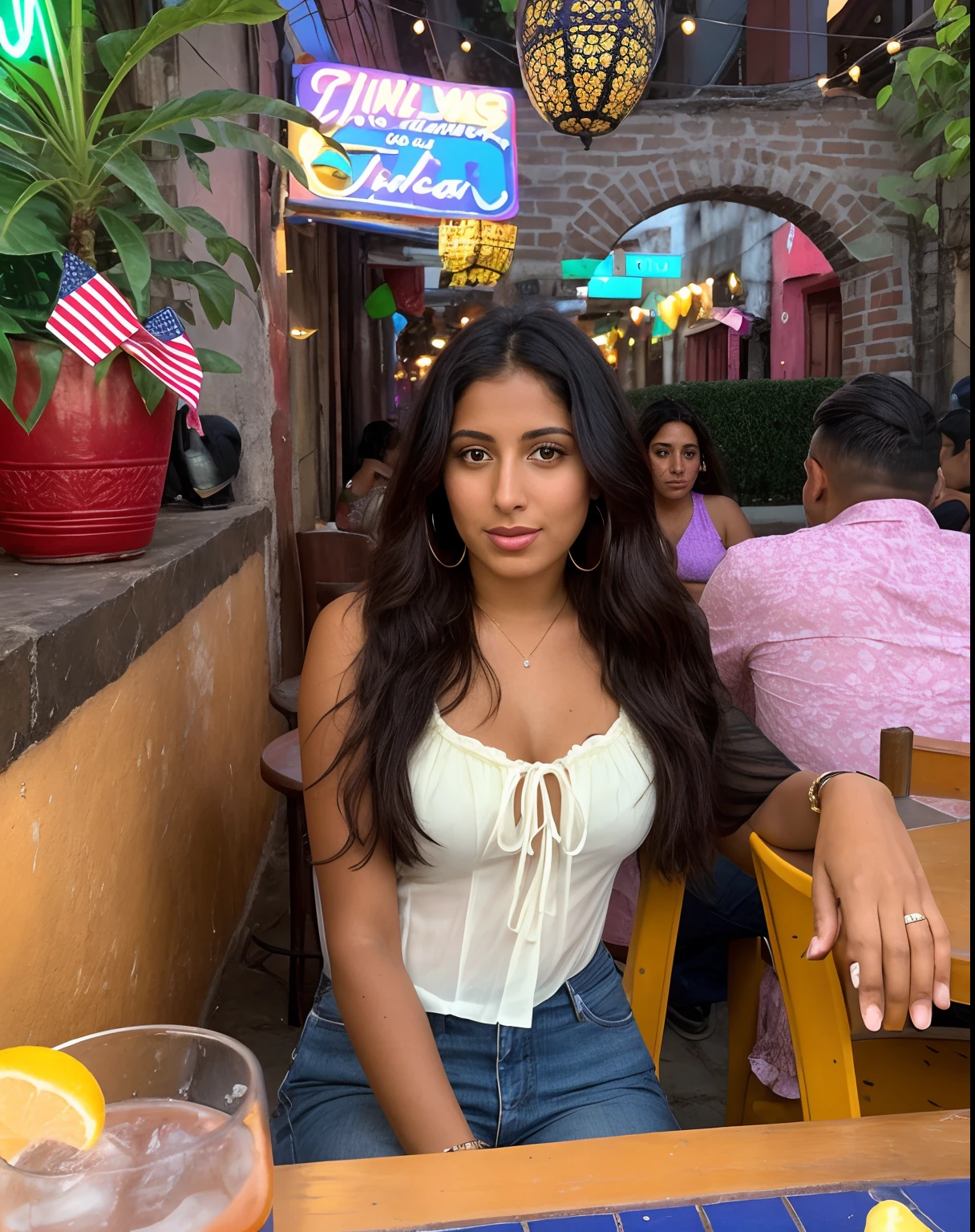there is a woman sitting at a table with a drink in a glass, 30-year-old woman from cuba, beautiful mexican woman, violet myers, with brown skin, with neon lights, beautiful tan mexican woman, beautiful city black woman only, black young woman, she has olive brown skin, colombian, she is about 2 0 years old