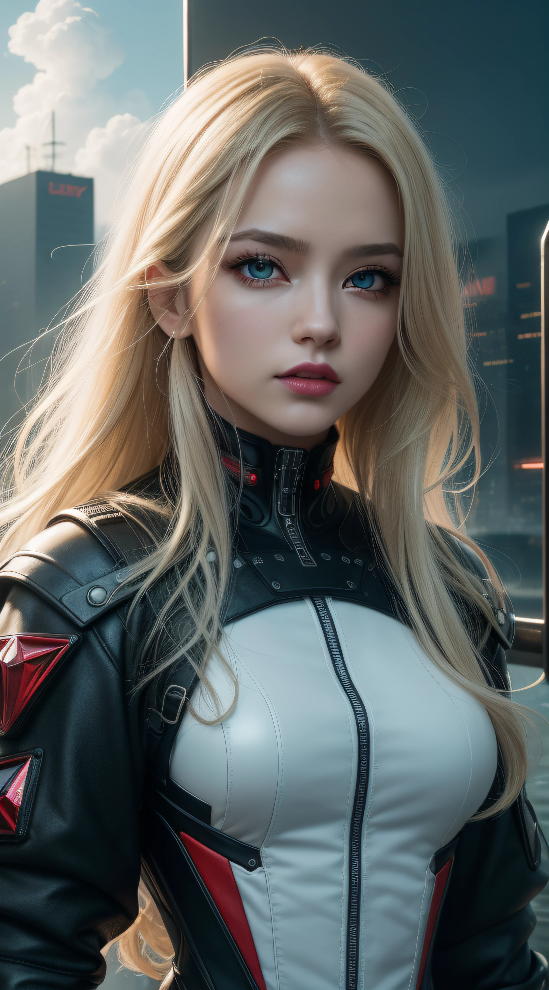Unbeatable masterpiece, Ultra photo realsisim, Perfect artwork, Intricate details, Best quality, Strong light, High contrast, Cyberpunk, Quantum punk, Nano punk, (Machinary:1.2)(Masterpiece) , (Best quality) , (extremely detailed wallpaper CG unity 8k) , (best character detail:1.36), marshes, Oppressive skies, white clouds , (delicated lines:1.24), ([Specular reflection water]:1.37) , (fantasy) , cumulonimbus clouds , (The oppressive atmosphere of the host:1.14) , (Cold light:1.2) , Color splattering , Colorful, full bodyesbian,White background, detailed eyes, beautiful eyes, detailed eyeshadows, red eyes, red lipstick, wariza, hair adornments, Simple background, cube hair ornament, blonde hair, 1girl, wavy hair, high high quality