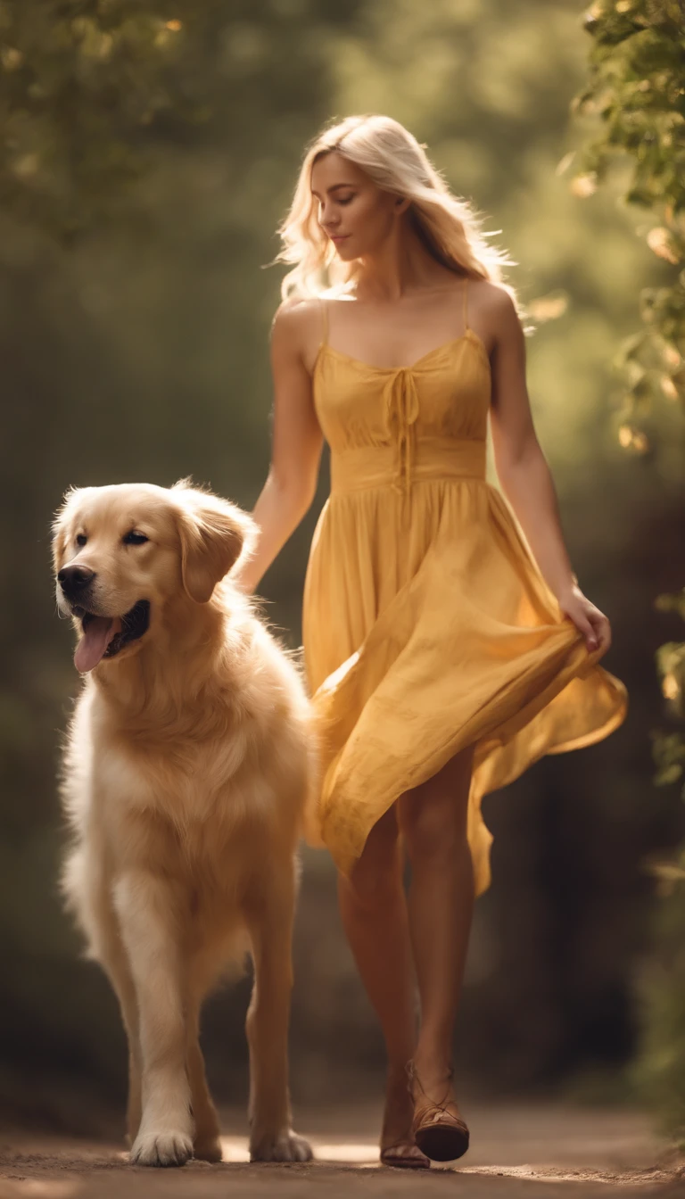 A woman dressed in a sundress, Echoing the strength of her determination,golden retriever puppy next to her, 8k wallpaper, Ultra detailed, Beautiful and aesthetic, Beautiful, Masterpiece, Best quality,(Focus on thighs up),Clear face,Eyes detailed,(Wind,Fluttering strands of hair,Flowing skirt),
