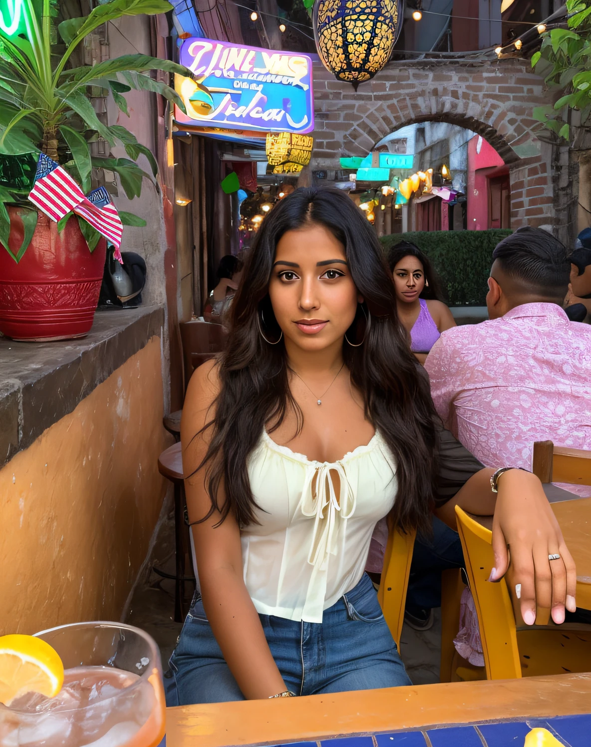 there is a woman sitting at a table with a drink in a glass, 30-year-old woman from cuba, beautiful mexican woman, violet myers, with brown skin, with neon lights, beautiful tan mexican woman, beautiful city black woman only, black young woman, she has olive brown skin, colombian, she is about 2 0 years old