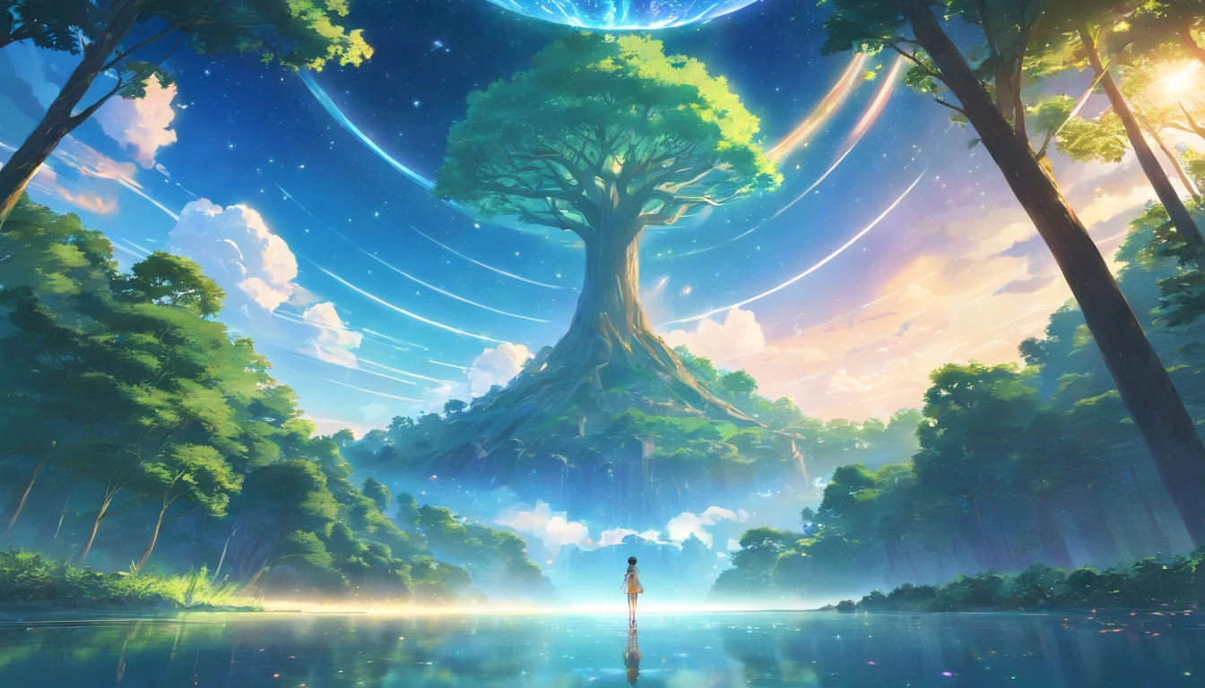 Illustration of a hyperrealistic , otherworldly, ultrasky scene featuring a giant crystal tree full body,very detailed and magical lighting, intricate forest details, vegetation and river around, solarpunk ,landscape, giant tree, beatifull leafy with beautiful lighting and realistic proportions, as if it were a cinematic background, 8k, highest quality, masterpiece, clouds and stars in the sky.