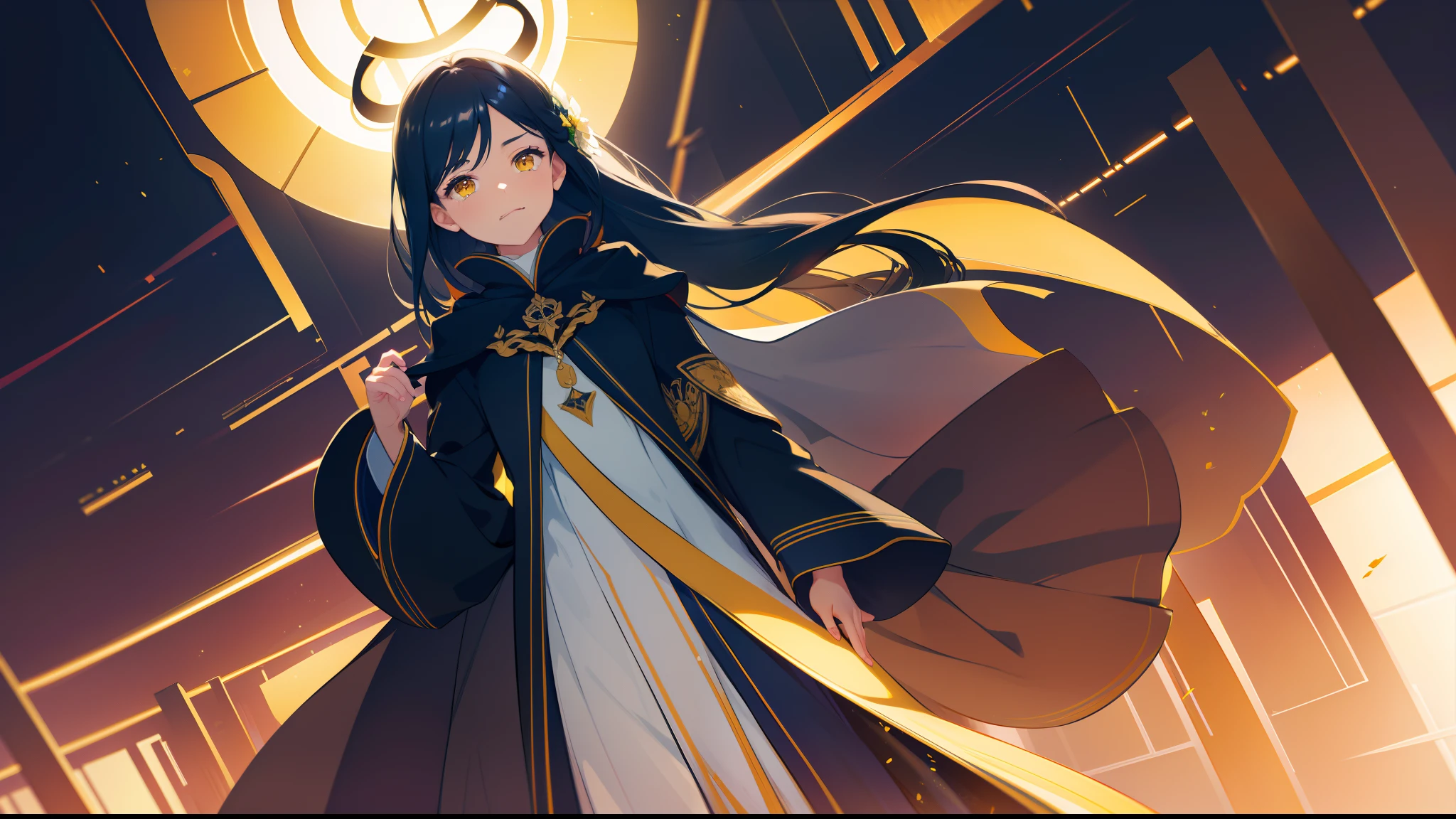 1 mature girl with long blue and yellow eyes with a big bible in her hand looking at camera, alone, High detail mature face, tie hair on the left side, golden eyes, full yellow cloak, black priest cloth, floating halo ring with radiance, high res, ultra sharp, 8k, masterpiece, smiling, fantasy world, magical radiance background ((Best quality)), ((masterpiece)), 3D, HDR (High Dynamic Range),Ray Tracing, NVIDIA RTX, Super-Resolution, Unreal 5,Subsurface scattering, PBR Texturing, Post-processing, Anisotropic Filtering, Depth-of-field, Maximum clarity and sharpness, Multi-layered textures, Albedo and Specular maps, Surface shading, Accurate simulation of light-material interaction, Perfect proportions, Octane Render, Two-tone lighting, Wide aperture, Low ISO, White balance, Rule of thirds,8K RAW, Aura, masterpiece, best quality, Mysterious expression, magical effects like sparkles or energy, flowing robes or enchanting attire, mechanic creatures or mystical background, rim lighting, side lighting, cinematic light, ultra high res, 8k uhd, film grain, best shadow, delicate, RAW, light particles, detailed skin texture, detailed cloth texture, beautiful face, 
(masterpiece), best quality, expressive eyes, perfect face,