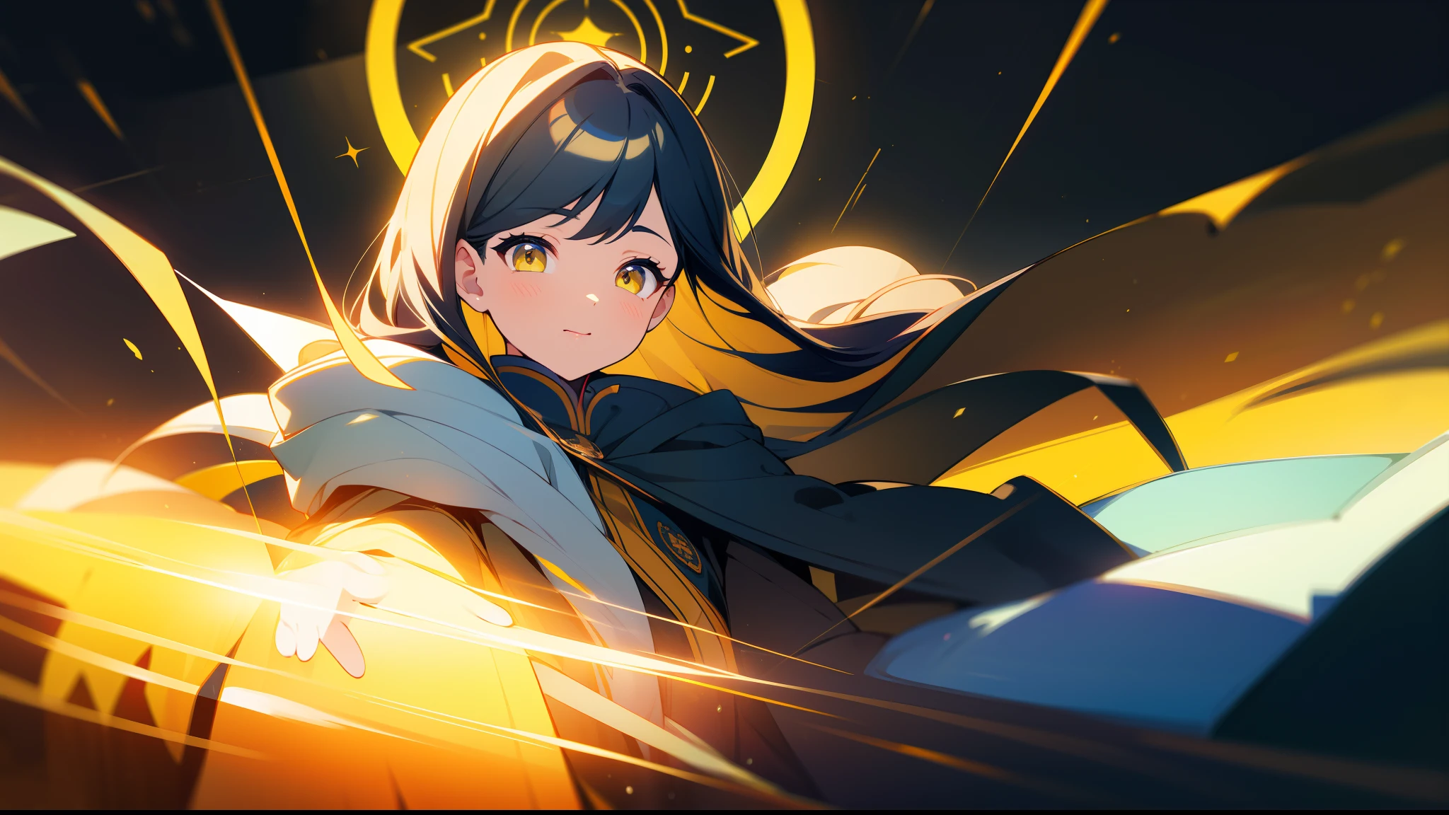 1 mature girl with long blue and yellow eyes with a big bible in her hand looking at camera, alone, High detail mature face, tie hair on the left side, golden eyes, full yellow cloak, black priest cloth, floating halo ring with radiance, high res, ultra sharp, 8k, masterpiece, smiling, fantasy world, magical radiance background ((Best quality)), ((masterpiece)), 3D, HDR (High Dynamic Range),Ray Tracing, NVIDIA RTX, Super-Resolution, Unreal 5,Subsurface scattering, PBR Texturing, Post-processing, Anisotropic Filtering, Depth-of-field, Maximum clarity and sharpness, Multi-layered textures, Albedo and Specular maps, Surface shading, Accurate simulation of light-material interaction, Perfect proportions, Octane Render, Two-tone lighting, Wide aperture, Low ISO, White balance, Rule of thirds,8K RAW, Aura, masterpiece, best quality, Mysterious expression, magical effects like sparkles or energy, flowing robes or enchanting attire, mechanic creatures or mystical background, rim lighting, side lighting, cinematic light, ultra high res, 8k uhd, film grain, best shadow, delicate, RAW, light particles, detailed skin texture, detailed cloth texture, beautiful face, 
(masterpiece), best quality, expressive eyes, perfect face,