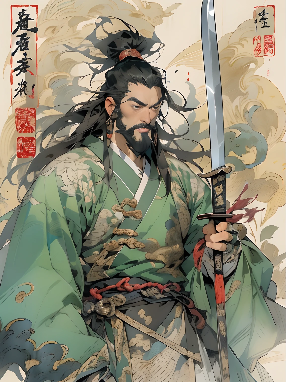 (((China-style，Ink painting method，Half-length portrait，Intense color，Han dynasty, China，Hanfu，Armor，Guan yu，Guan Yunchang，of a guy，Ruddy killing square face，Hold the Blue Dragon Moon Knife in his right hand，Stroke your beard with your left hand，Long hair，petty eyes，Green robe))), (((best qualityer))), (((tmasterpiece))), (((AS-Adult))), ((( Japanese ))), Look up from your knees, Handsome Asian samurai，perfect body figure, Modern samurai, ((( Asian))), Wear gloves on your hands，The left arm is made of steel and metal tips，Made of protective devices, The eyes are pulled, (( Appears below the chest )), (( Small dental floss )), Simon Bisley, Almost naked（Simon Bisley）Castle City Wilderness，For high-resolution posters, hair straight, Minimum clothing, armure (Crazy clothes ), Full of tips and rivets, tribal tattoos, (((full bodyesbian))), Straight brunette hair，Colored hair ends