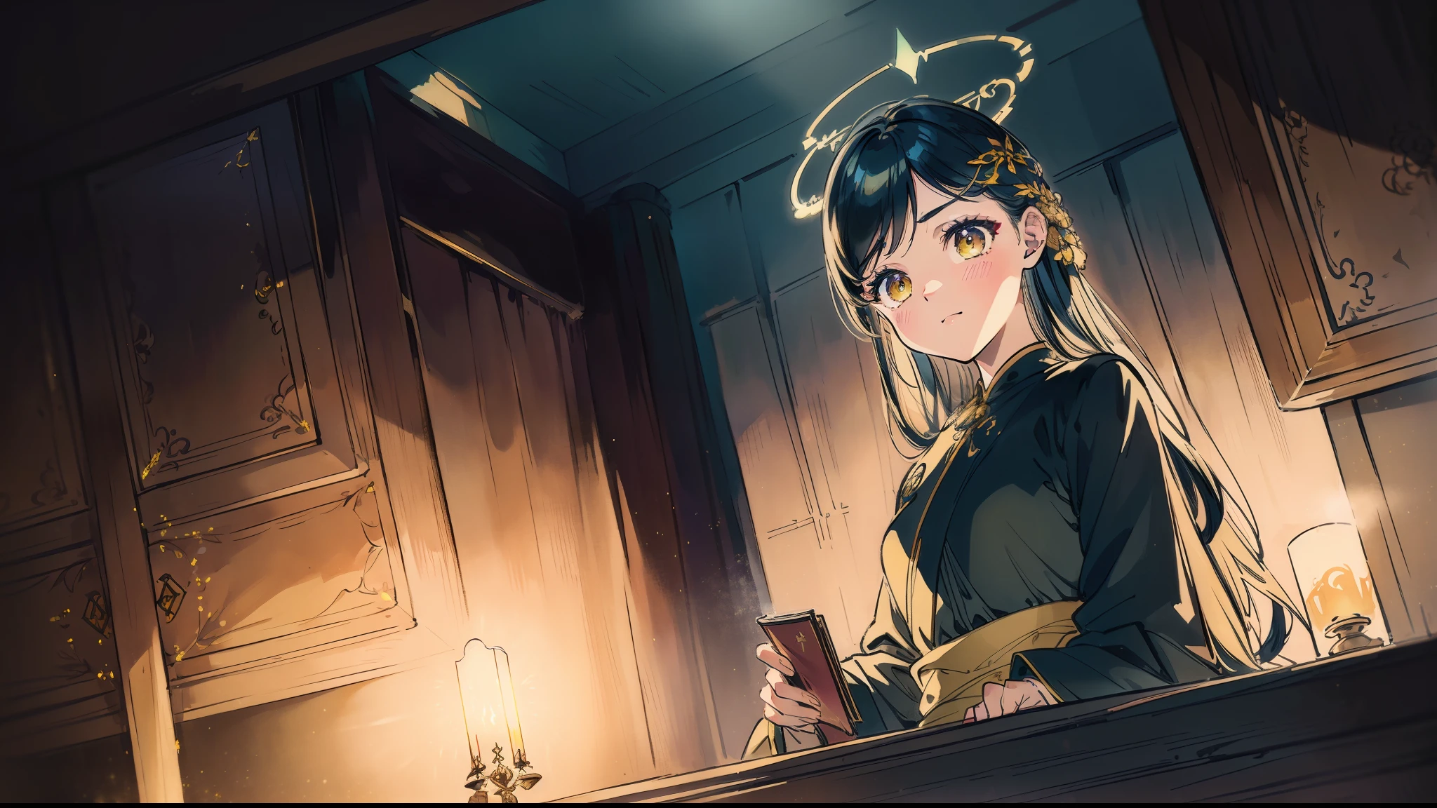 1 mature girl with long blue and yellow eyes with a big bible in her hand looking at camera, alone, High detail mature face, tie hair on the left side, golden eyes, full yellow cloak, black priest cloth, floating halo ring with radiance, high res, ultra sharp, 8k, masterpiece, smiling, fantasy world, magical radiance background ((Best quality)), ((masterpiece)), 3D, HDR (High Dynamic Range),Ray Tracing, NVIDIA RTX, Super-Resolution, Unreal 5,Subsurface scattering, PBR Texturing, Post-processing, Anisotropic Filtering, Depth-of-field, Maximum clarity and sharpness, Multi-layered textures, Albedo and Specular maps, Surface shading, Accurate simulation of light-material interaction, Perfect proportions, Octane Render, Two-tone lighting, Wide aperture, Low ISO, White balance, Rule of thirds,8K RAW, Aura, masterpiece, best quality, Mysterious expression, magical effects like sparkles or energy, flowing robes or enchanting attire, mechanic creatures or mystical background, rim lighting, side lighting, cinematic light, ultra high res, 8k uhd, film grain, best shadow, delicate, RAW, light particles, detailed skin texture, detailed cloth texture, beautiful face, 
(masterpiece), best quality, expressive eyes, perfect face,