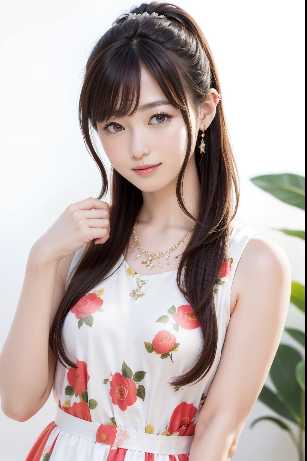 orange color hair、semi long hair、Loose and fluffy perm、Side tail、side poneyTail、White scrunchie、1人、A smile、Mouth wide open、clench your fists in front of your chest(8K、Raw photography、top-quality、masterpiece:1.2)、(realisitic、photoRealstic:1.37)、Star-shaped necklace、I'm wearing a dress、Floral dress on white background