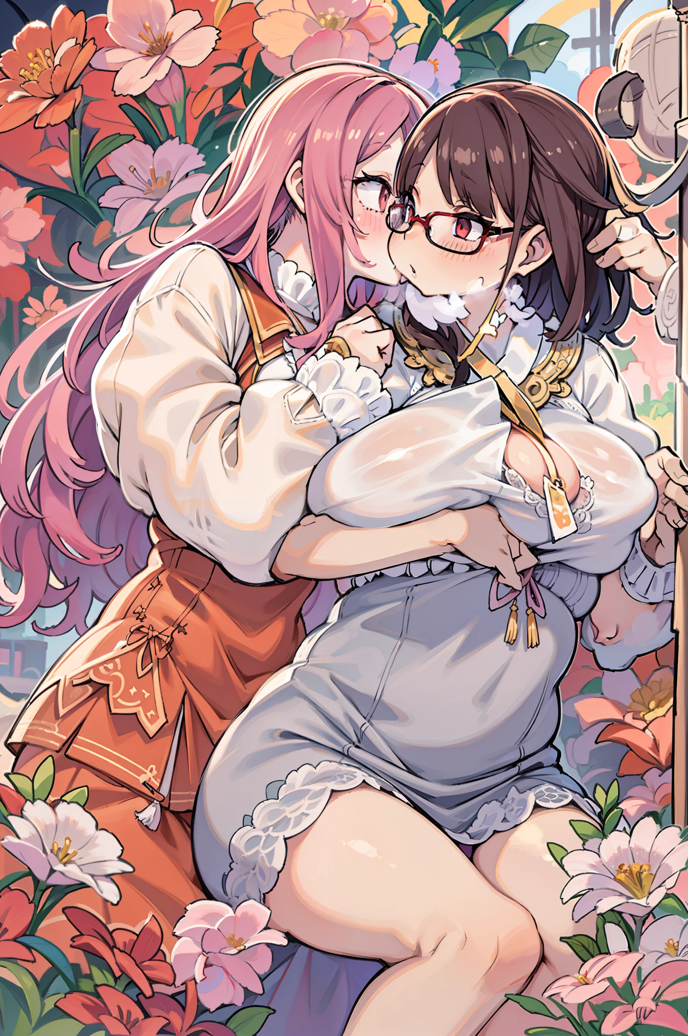Two-dimensional girl enjoying flowers、huge-breasted、big round glasses、bbw,Large Thigh、Two girls、embracing each other、Deep kissing、the kiss、lesbian、red blush