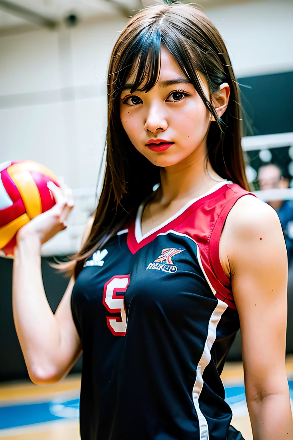 masterpiece:1.2、top-quality)、realisitic、(Authentic Photos、intricate detailes、depth of fields)、(1 girl in、独奏)、make - up、Parted lips、Highly detailed perfect face、(mideum breasts:1.4)、Constriction、tall、Shiny coral lips、Red hair、red eyes、poneyTail、(A girl playing volleyball、Volleyball Uniforms)、(Sweating:1.2)、(wet)、A sexy、red blush、Volleyball Court、Volleyball Net、Gymnasium、audience