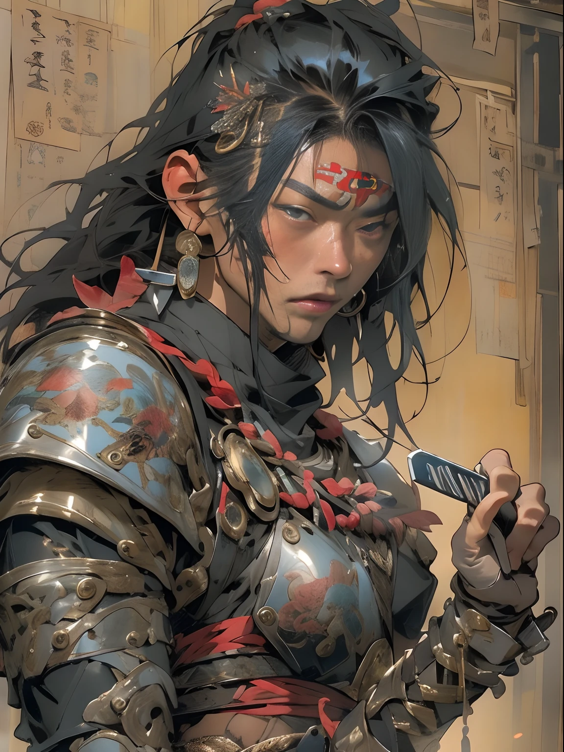 (((mtu))), (((best qualityer))), (((tmasterpiece))), (((AS-Adult))), ((( Japanese ))), Look up from your knees, Handsome Asian samurai,perfect body figure, Modern samurai, ((( Asian))), Wear gloves on your hands,The left arm is made of steel and metal tips,Made of protective devices, The eyes are pulled, (( Appears below the chest )), (( Small dental floss )), Simon Bisley, Almost naked(Simon Bisley)Castle City Wilderness,For high-resolution posters, hair straight, Minimum clothing, armure (Crazy clothes ), Full of tips and rivets, tribal tattoos, (((full bodyesbian))), Straight brunette hair,Colored hair ends