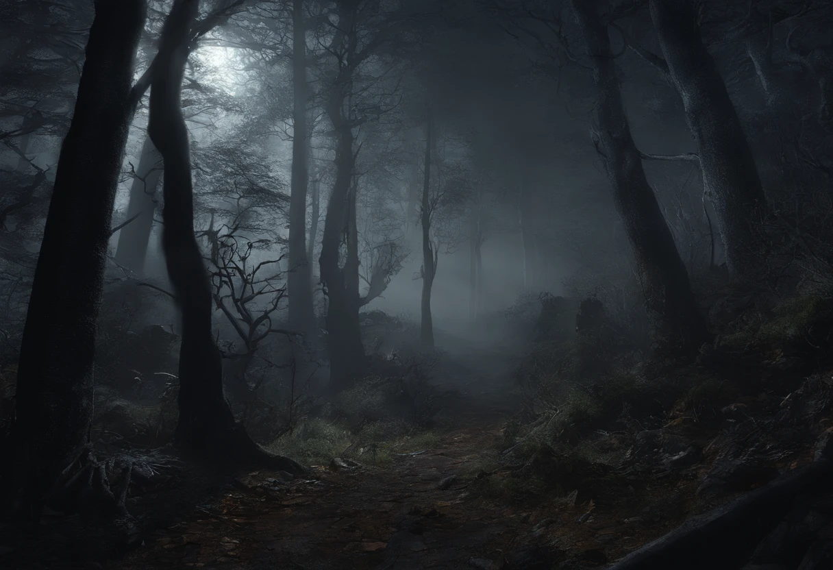 Best Shadowy Forest Landscape at Night with Mists and Dry Trees, caveiras, noite escura, darkeness, Sombras, surrealismo, melhor qualidade, Ultra realista, highes definition, extremamente detalhista, high saturated, Alto contraste, obra prima, macabro, noturno, sombrio.