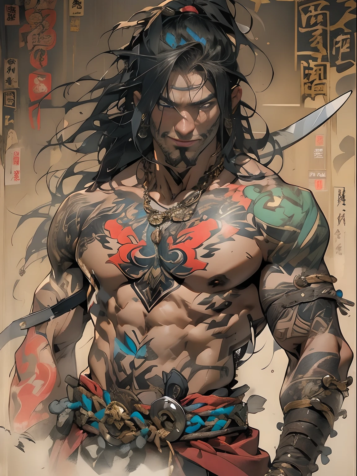 (((mtu))), (((best qualityer))), (((tmasterpiece))), (((AS-Adult))), ((( Japanese ))), Look up from your knees, Handsome Asian samurai，perfect body figure, Modern samurai, ((( Asian))), Wear gloves on your hands，The left arm is made of steel and metal tips，Made of protective devices, The eyes are pulled, (( Appears below the chest )), (( Small dental floss )), Simon Bisley, Almost naked（Simon Bisley）Castle City Wilderness，For high-resolution posters, hair straight, Minimum clothing, armure (Crazy clothes ), Full of tips and rivets, tribal tattoos, (((full bodyesbian))), Straight brunette hair，Colored hair ends
