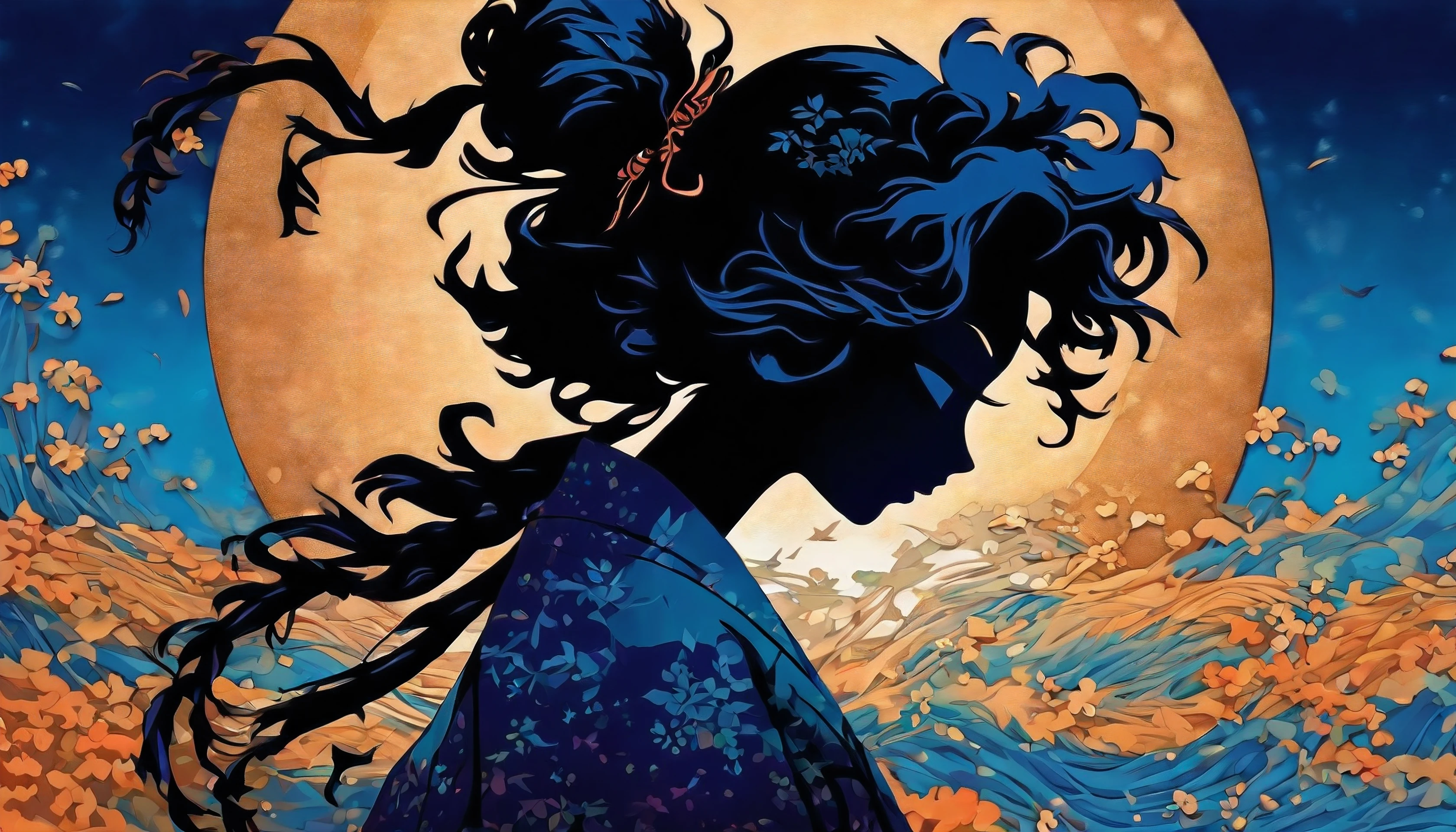 (Silhouette Art,cutouts:1.6)
(((Paper cutting art,A world where only black exists:1.3)

(Cowboy Shot),1 girl,Solo,
(Kimono Girl,profile:1.2),white, Clear and beautiful face,

BREAK
(blue sea)
Textured glass background,