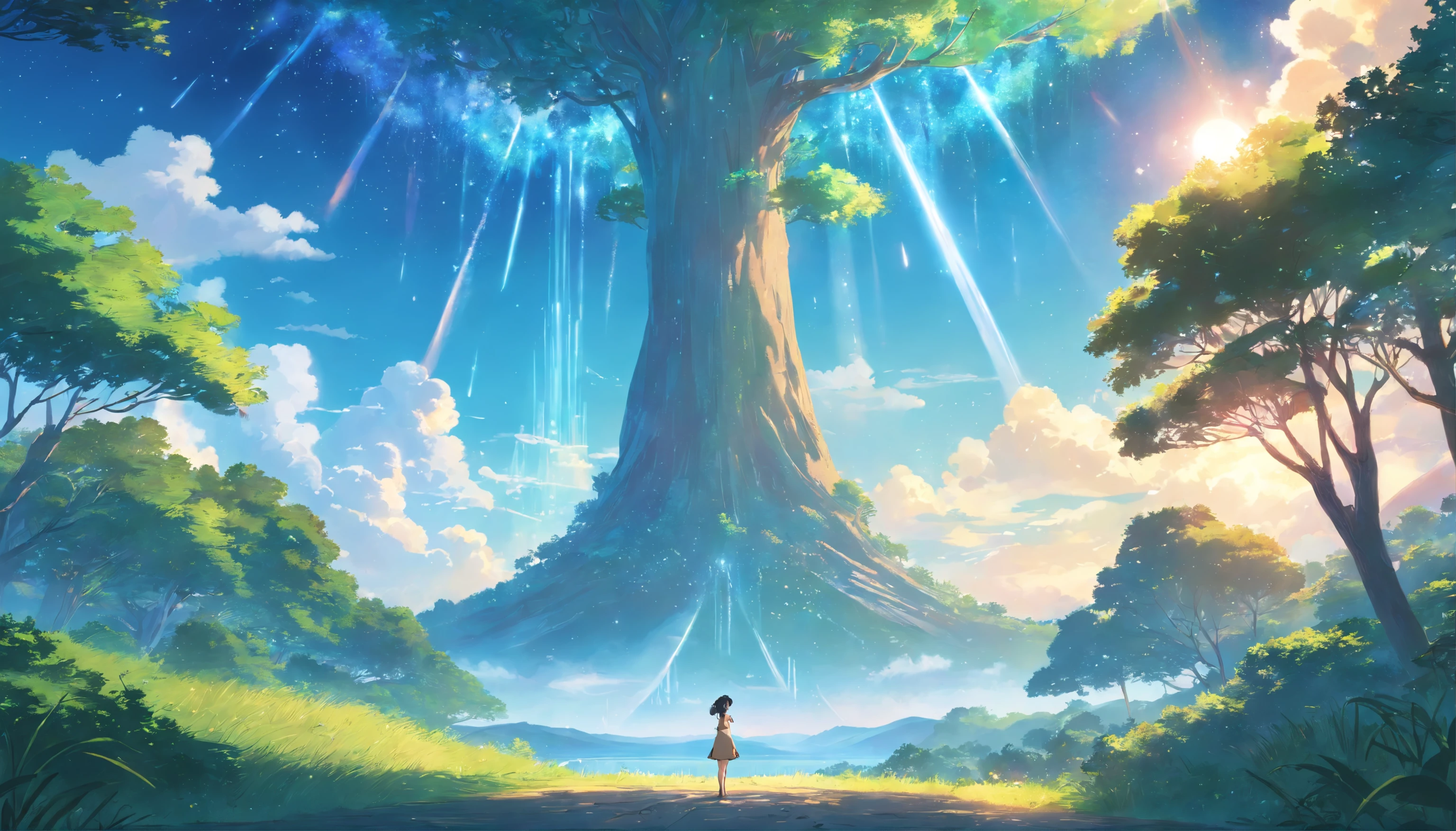 Illustration of a hyperrealistic , otherworldly, ultrasky scene featuring a giant crystal tree full body,very detailed and magical lighting, intricate forest details, vegetation and river around, solarpunk ,landscape, giant tree, beatifull leafy with beautiful lighting and realistic proportions, as if it were a cinematic background, 8k, highest quality, masterpiece, clouds and stars in the sky.