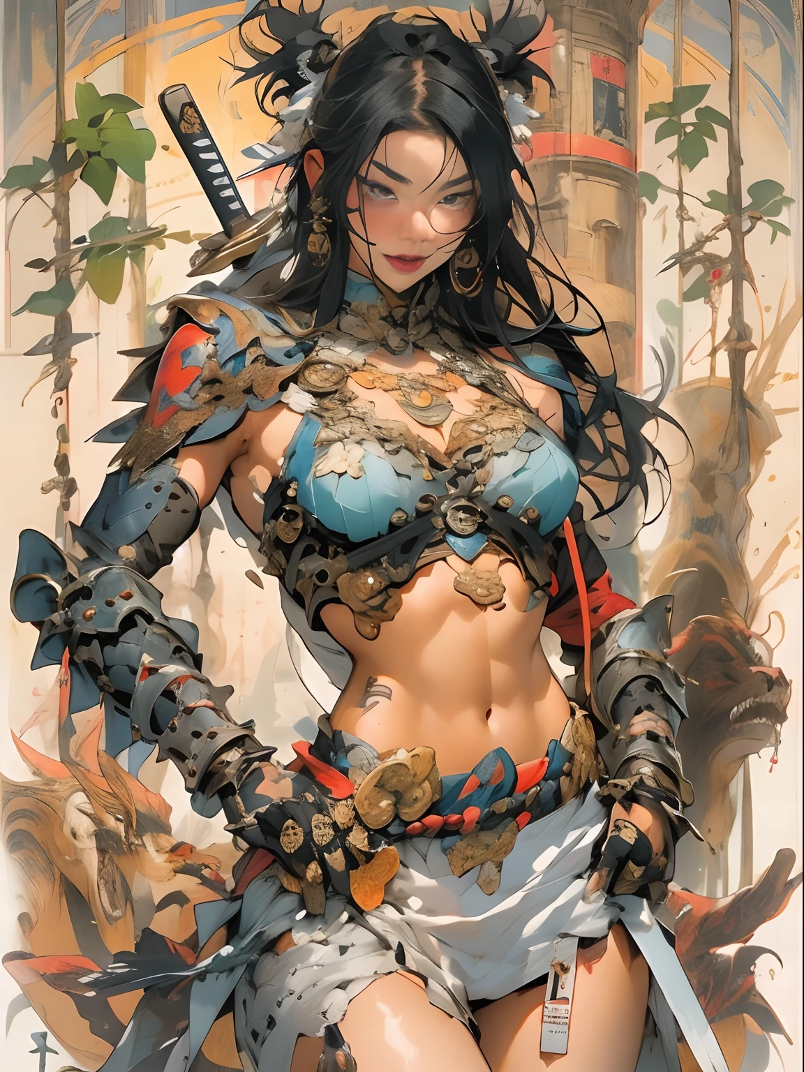 (((woman))), (((best qualityer))), (((tmasterpiece))), (((AS-Adult))), ((( Japanese ))), Look up from your knees, A beautiful asian samurai woman with perfect body, Modern samurai, ((( Asian))), Wear gloves on your hands,The left arm is made of steel and metal tips,Made of protective devices, The eyes are pulled, (( Appears below the breast )), (( Small dental floss )), Simon Bisley, Almost naked(Simon Bisley)Castle City Wilderness,For high-resolution posters, hair straight, Minimum clothing, armure (Crazy clothes ), Full of tips and rivets, tribal tattoos, (((full bodyesbian))), Straight brunette hair,Colored hair ends