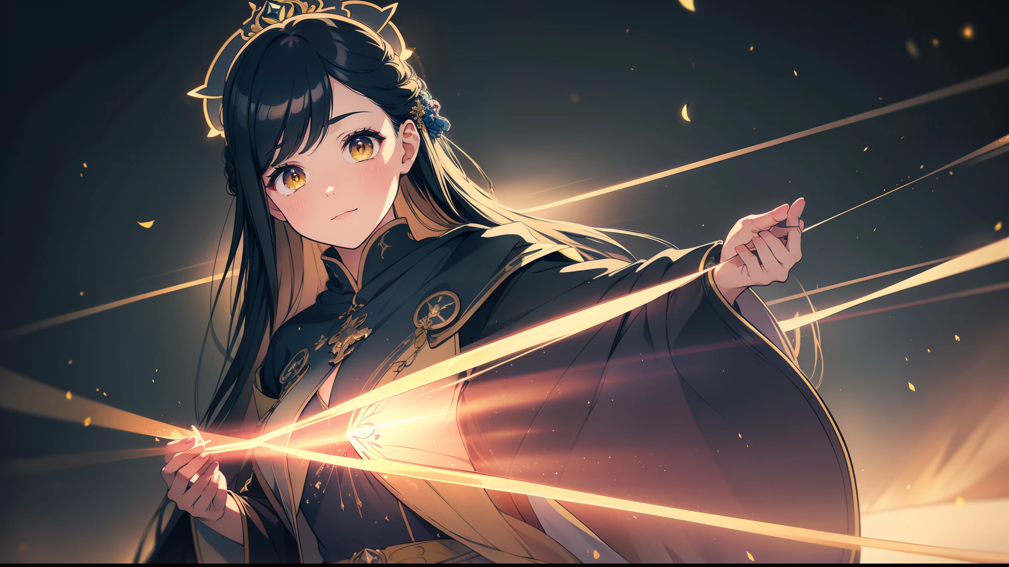 1 mature girl with long blue and yellow eyes with a big bible in her hand looking at camera, alone, High detail mature face, tie hair on the left side, golden eyes, full yellow cloak, black priest cloth, floating halo ring with radiance, high res, ultra sharp, 8k, masterpiece, smiling, fantasy world, magical radiance background ((Best quality)), ((masterpiece)), 3D, HDR (High Dynamic Range),Ray Tracing, NVIDIA RTX, Super-Resolution, Unreal 5,Subsurface scattering, PBR Texturing, Post-processing, Anisotropic Filtering, Depth-of-field, Maximum clarity and sharpness, Multi-layered textures, Albedo and Specular maps, Surface shading, Accurate simulation of light-material interaction, Perfect proportions, Octane Render, Two-tone lighting, Wide aperture, Low ISO, White balance, Rule of thirds,8K RAW, Aura, masterpiece, best quality, Mysterious expression, magical effects like sparkles or energy, flowing robes or enchanting attire, mechanic creatures or mystical background, rim lighting, side lighting, cinematic light, ultra high res, 8k uhd, film grain, best shadow, delicate, RAW, light particles, detailed skin texture, detailed cloth texture, beautiful face, 
(masterpiece), best quality, expressive eyes, perfect face,