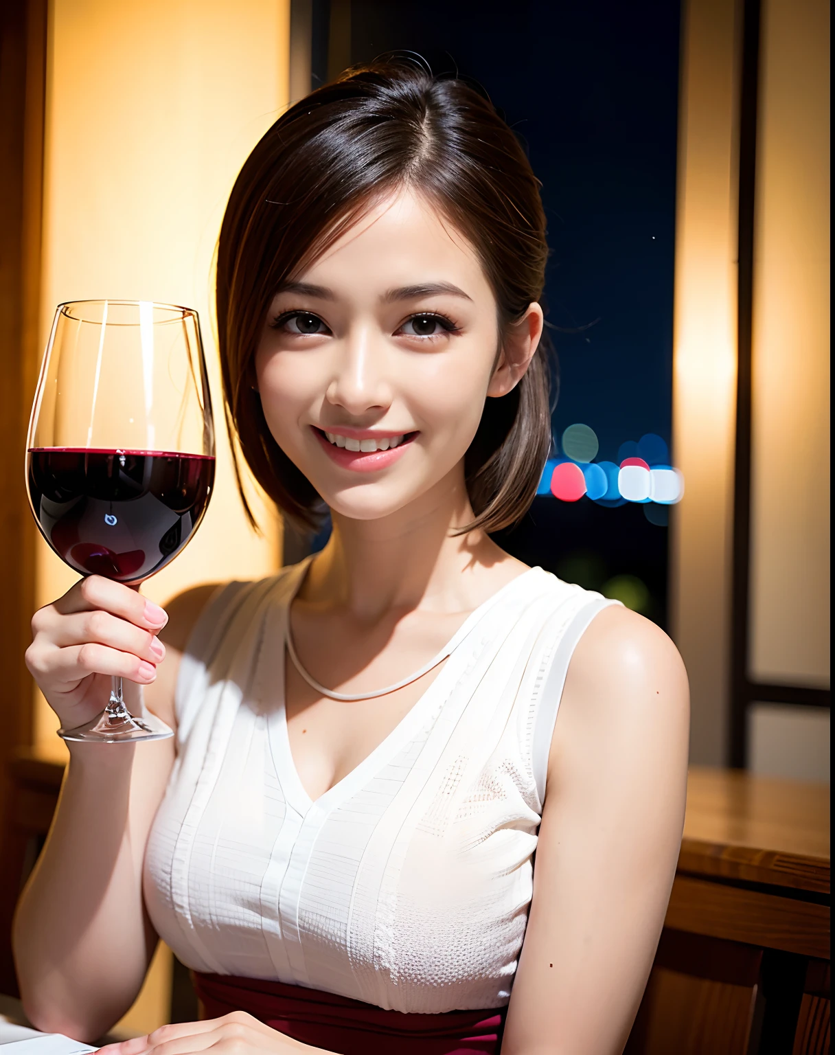 (64K, UHD, top quality, masterpiece: 1.2), (realistic, photorealistic: 1.37), super detailed, pretty woman 1 person, (slim face), (slim body), (brown hair), (short cut), cheeks slightly blushing, (44 years old), 38 years old, solo, beautiful detailed urban night view outside the window, restaurant, wine glasses sit, at night, in a prominent placeNovaFrogStyle, Actress, Model, Waist Up, White Wine, Slim, Wine Glass, Super Clean Night View, Wine Glass Put in the Middle, Happy Smile, (Smile: 1.15), Beautiful Fine Eyes, Upper Body, Bust Japan Up, Night, Short, Short, Actress, Model, Waist Up, White Wine, Slim, Wine Glass, Super Clean Night View, Wine Glass Put in the Middle, Happy Smile,
