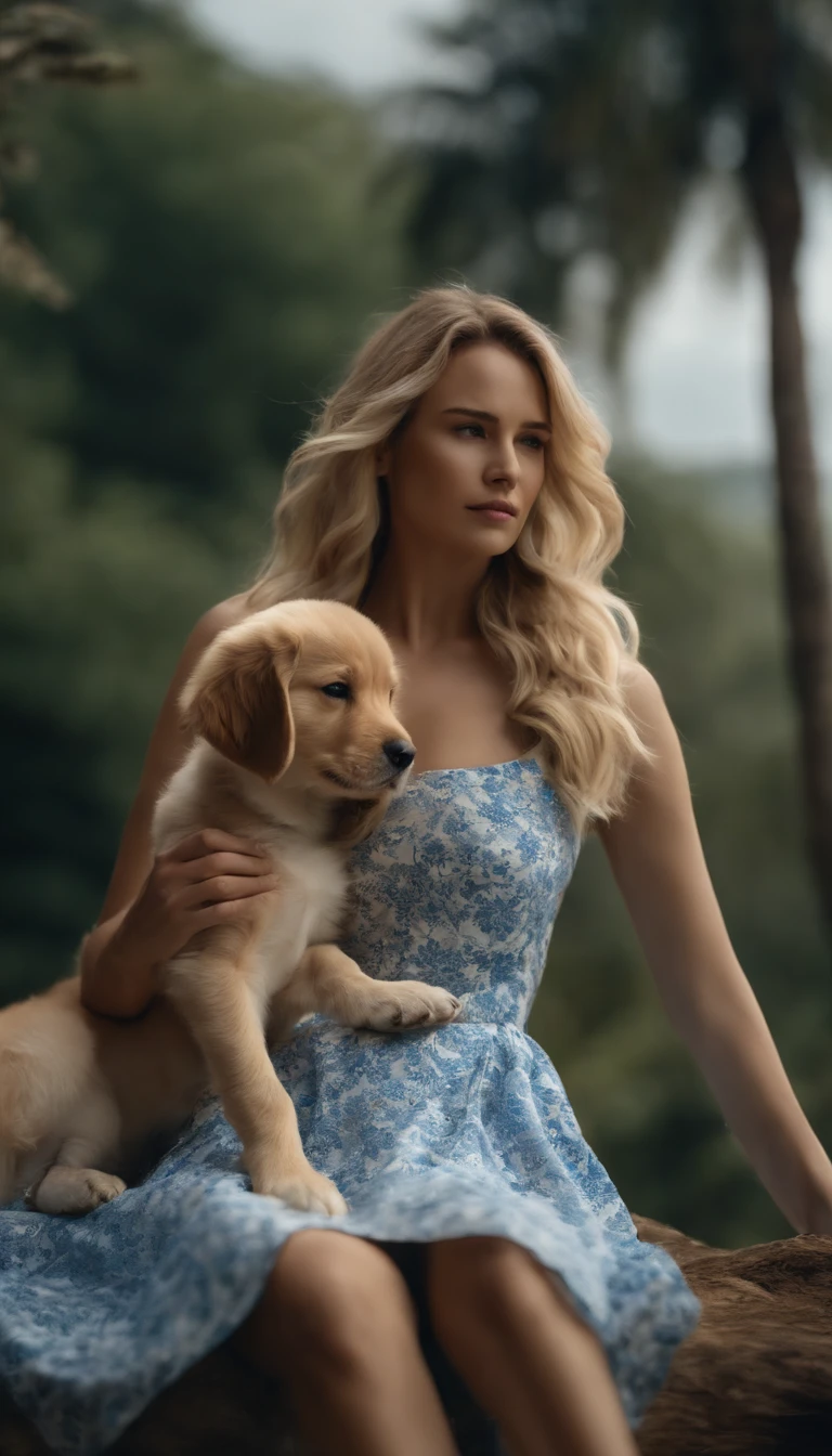 A woman dressed in a white and blue floral sundress, Echoing the strength of her determination,golden retriever puppy next to her, 8k wallpaper, Ultra detailed, Beautiful and aesthetic, Beautiful, Masterpiece, Best quality,(Focus on thighs up),Clear face,Eyes detailed,(Wind,Fluttering strands of hair,Flowing skirt),