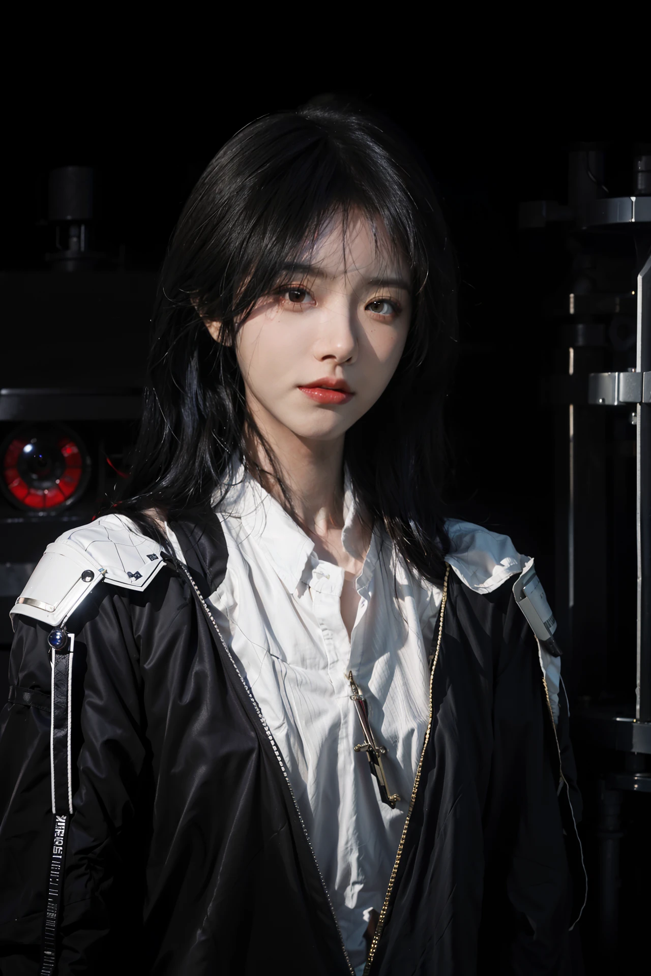 8K, Dark_Fantasy, delicate face, (delicate glass pupil: 1.5), standing full body portrait, black in one eye, red in one eye, 1 person, mechanical miracle, robot presence