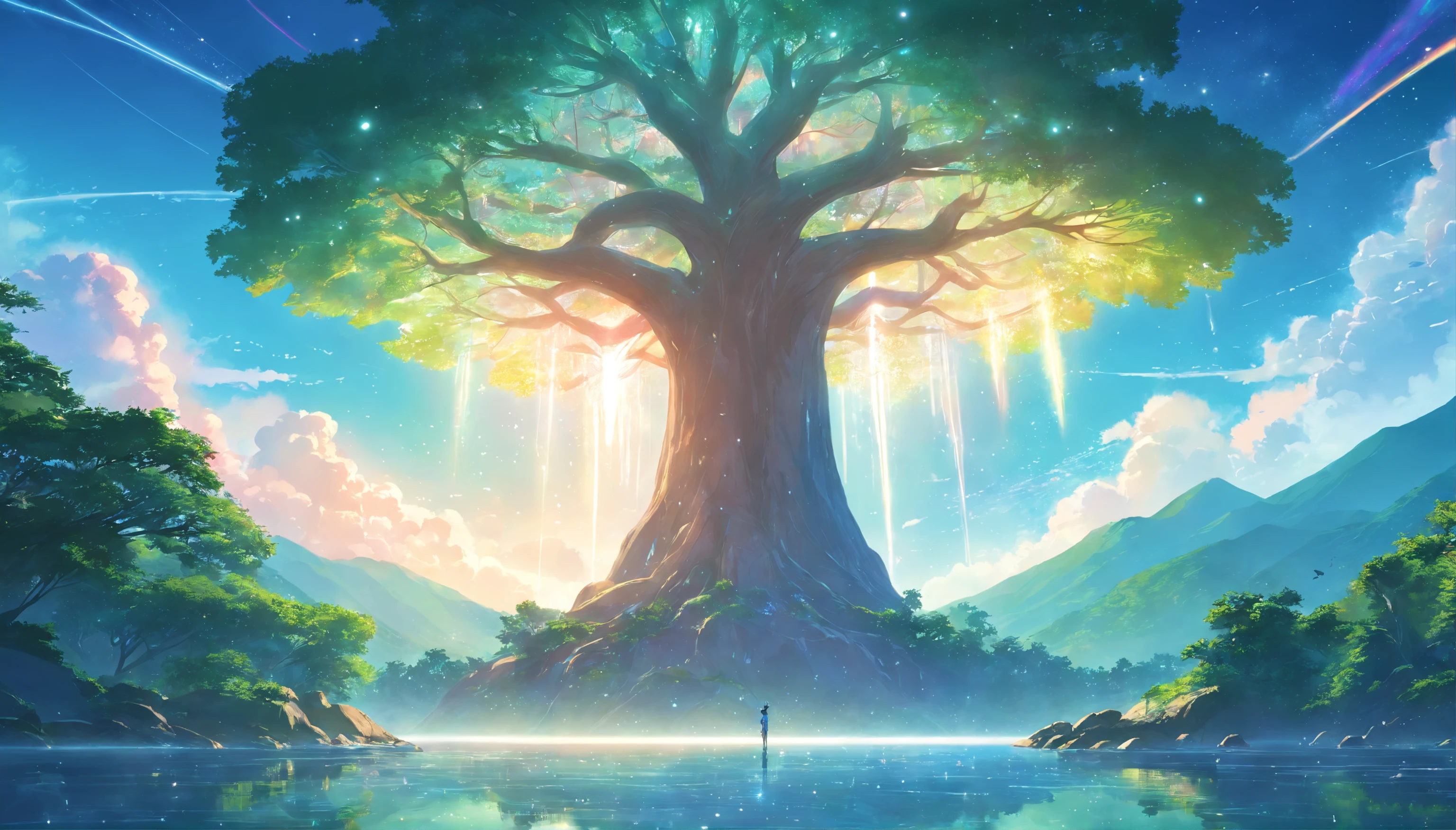 Illustration of a hyperrealistic , otherworldly, ultrasky scene featuring a giant crystal tree full body,very detailed and magical lighting, intricate forest details, vegetation and river around, solarpunk ,landscape, giant tree, beatifull leafy with beautiful lighting and realistic proportions, as if it were a cinematic background, 8k, highest quality, masterpiece, clouds and stars in the sky.