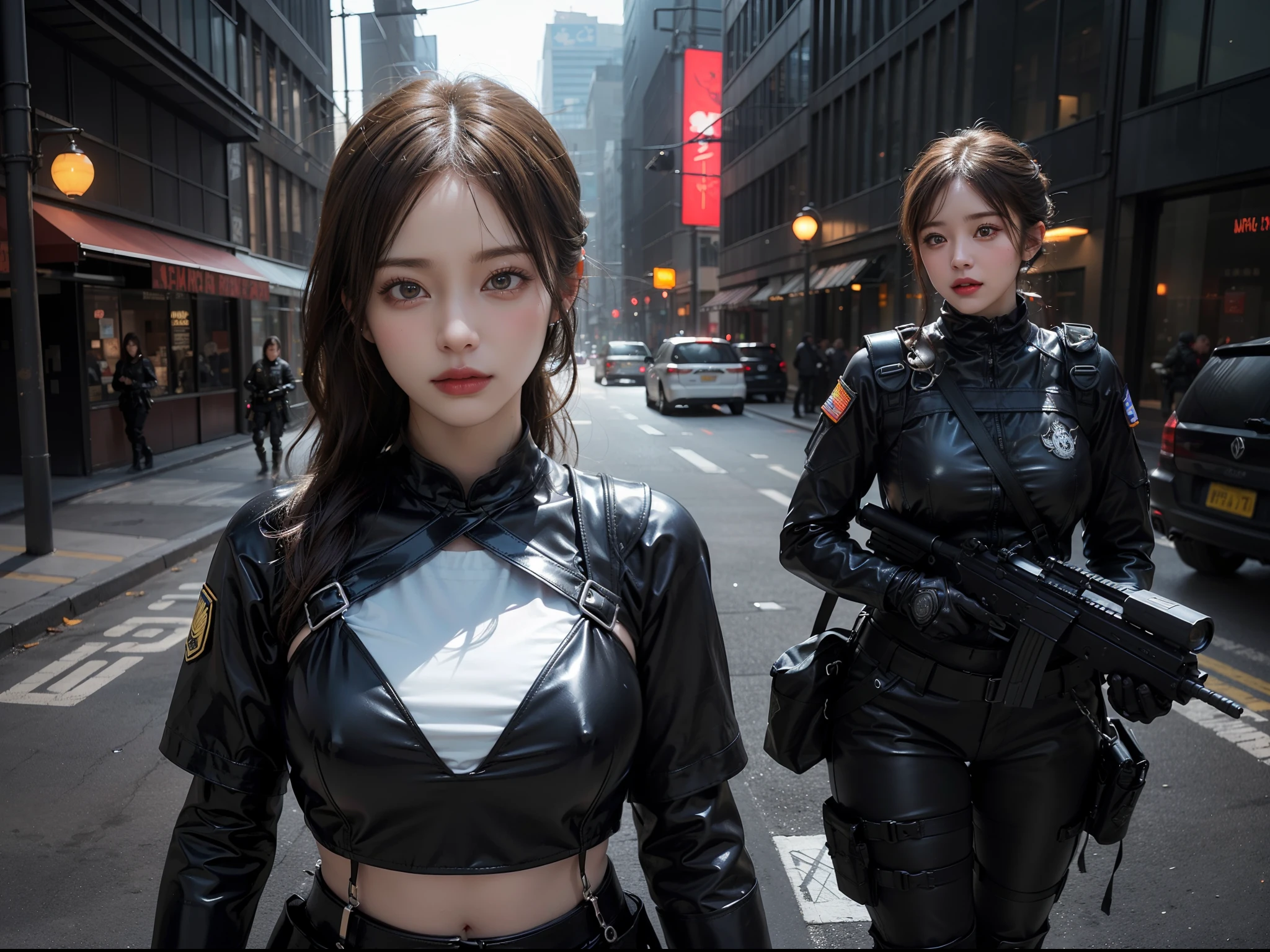 best quality, highres, textured skin, 8k, Anatomically correct, masterpiece:1.2, photo-realistic:1.2, super realistic details, Realistic proportions, extremely detailed face, solid circle eyes, chubby girl, curvy:1.2, looking at viewer, (((female special forces:1.5, highly intricate detail special forces costume, special forces crest, heavy Armed girls , Armed with the latest Big laser rifle:1.5, modern equipment, intricate detail latex full body armour:1.4, tactical vest ,military harness, magazine belt, midriff))), Confident smile, Various stylish ponytail, gigantic breasts, cleavage, gleaming skin, cyberpunk dystopian city, City of the Future, 2080s, night scene, Beautiful Neon Lights, No people in the background, A scene from a movie, cinematic lighting, cinematic shadows, vibrant colors, feminine yet authoritative, attention to facial features and makeup, depth of field, Futurism,