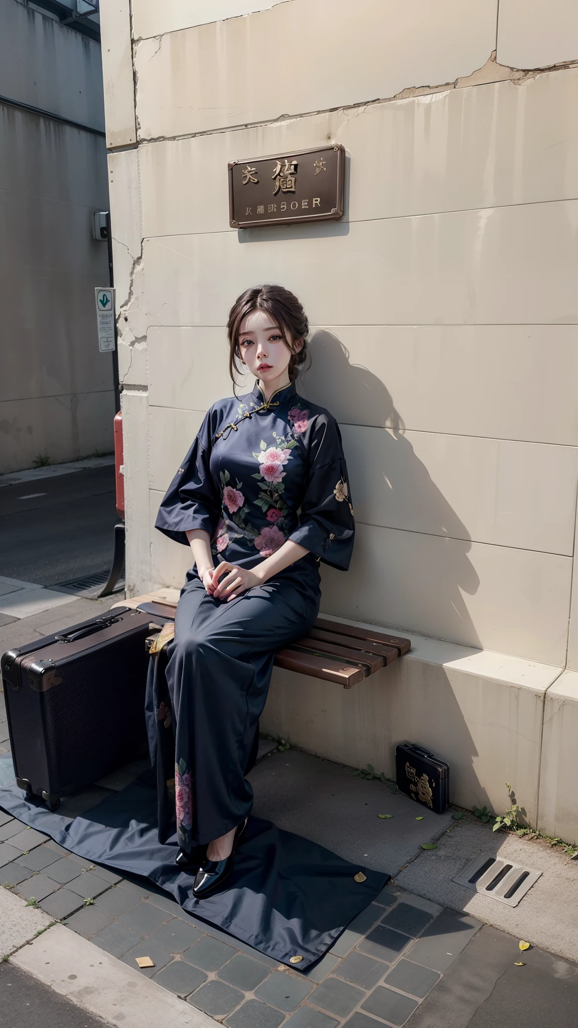 A age girl,brunette color hair,Detailed eyes,Detailed facial features,Detailed expressions,There was a suitcase next to the girl,sitting on a bench,Perfect woman,Wear a pink cheongsam,Masterpiece art photography,