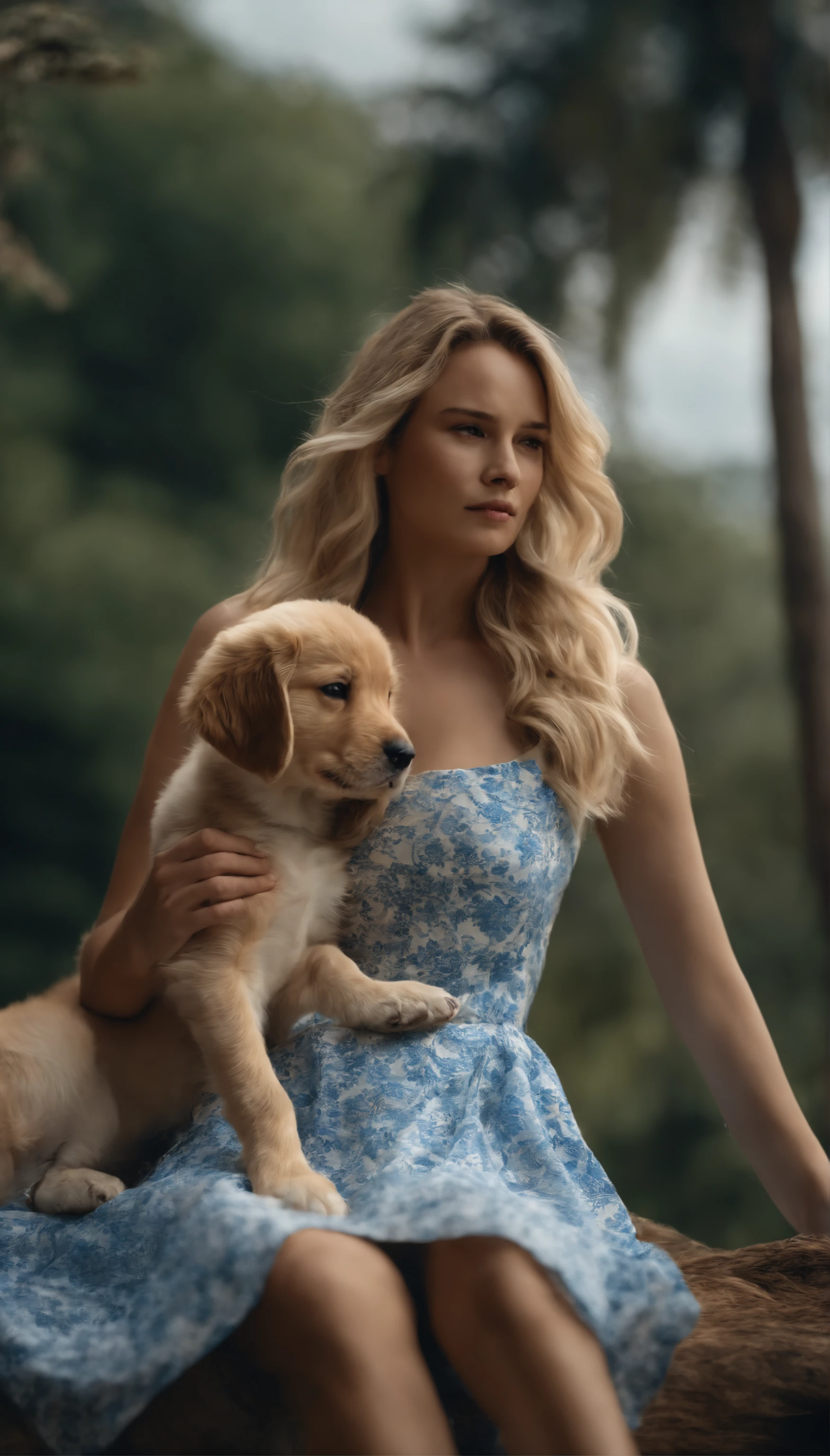 A woman dressed in a white and blue floral sundress, Echoing the strength of her determination,golden retriever puppy next to her, 8k wallpaper, Ultra detailed, Beautiful and aesthetic, Beautiful, Masterpiece, Best quality,(Focus on thighs up),Clear face,Eyes detailed,(Wind,Fluttering strands of hair,Flowing skirt),