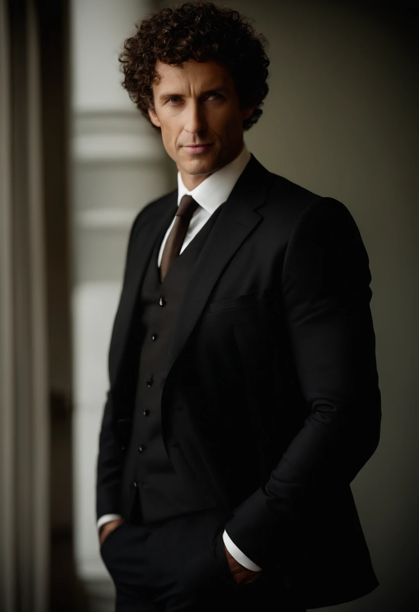 Cinematic portrait , a handsom man, Tall and fit, (40 years old:1.1), (shaven:1.2), (short brown fine curly hair :1.5),(very short fine curly hair:1.6). black tight suit, white shirt . Minimalistic background, clean composition, strong details, Muted Colours, Hasselblad, style raw