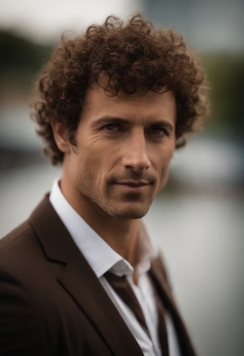 Cinematic portrait , a handsom man, Tall and fit, (40 years old:1.1), (shaven:1.2), (short brown fine curly hair :1.5),(very short fine curly hair:1.6). black tight suit, white shirt . Minimalistic background, clean composition, strong details, Muted Colours, Hasselblad, style raw