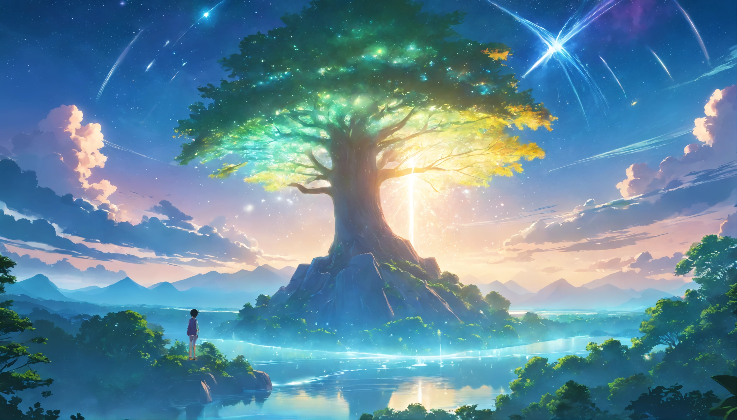 Illustration of a hyperrealistic , otherworldly, ultrasky scene featuring a giant crystal tree full body,very detailed and magical lighting, intricate forest details, vegetation and river around, solarpunk ,landscape, giant tree, beatifull leafy with beautiful lighting and realistic proportions, as if it were a cinematic background, 8k, highest quality, masterpiece, clouds and stars in the sky.