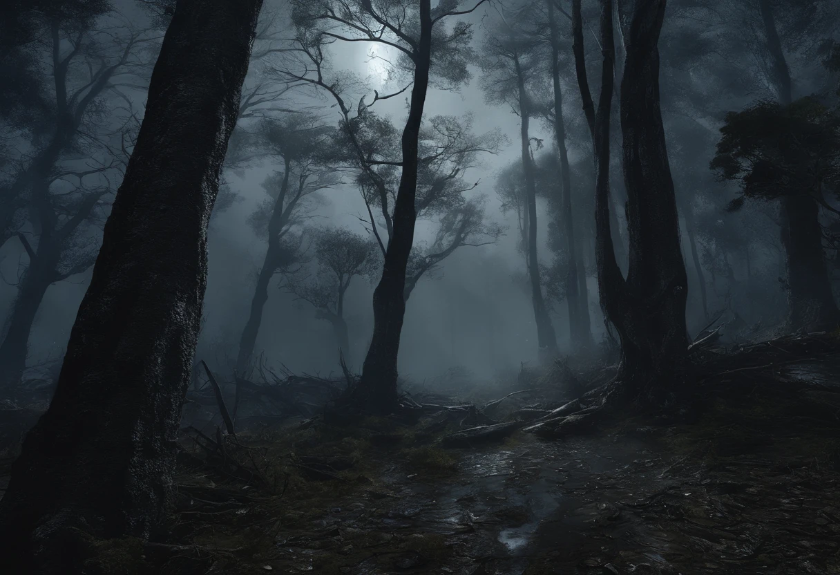 Best Dark Forest Landscape at Night with Mists and Dry Trees, caveiras, morte, Noite escura, darkeness, Sombras, surrealismo, tons azulados, floresta noturna obscura em tons azulados, melhor qualidade, Ultra realista, highes definition, extremamente detalhista, high saturated, Alto contraste, obra prima, macabro, Noturno, sombrio.