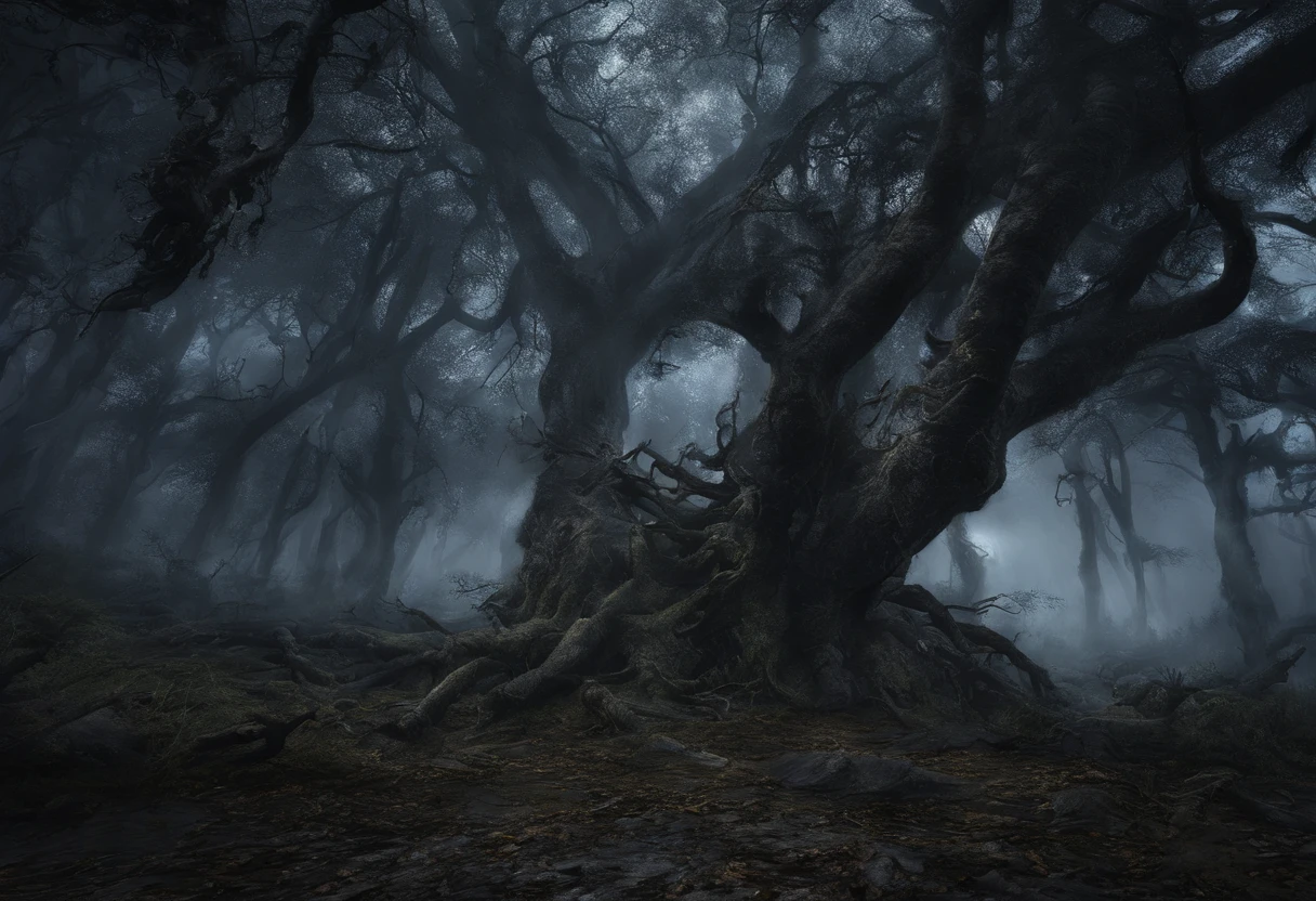Best Dark Forest Landscape at Night with Mists and Dry Trees, caveiras, morte, Noite escura, darkeness, Sombras, surrealismo, tons azulados, floresta noturna obscura em tons azulados, melhor qualidade, Ultra realista, highes definition, extremamente detalhista, high saturated, Alto contraste, obra prima, macabro, Noturno, sombrio.