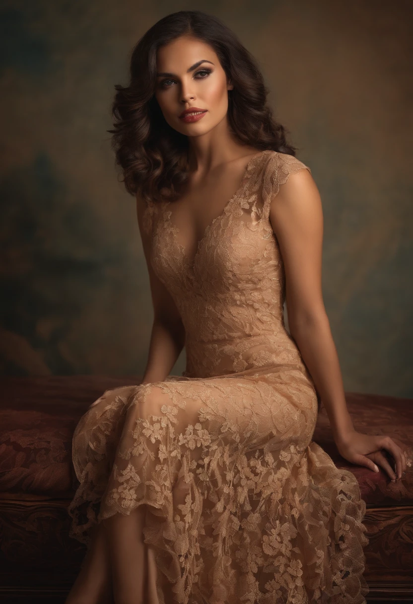 Full body of woman wearing beige lace dress