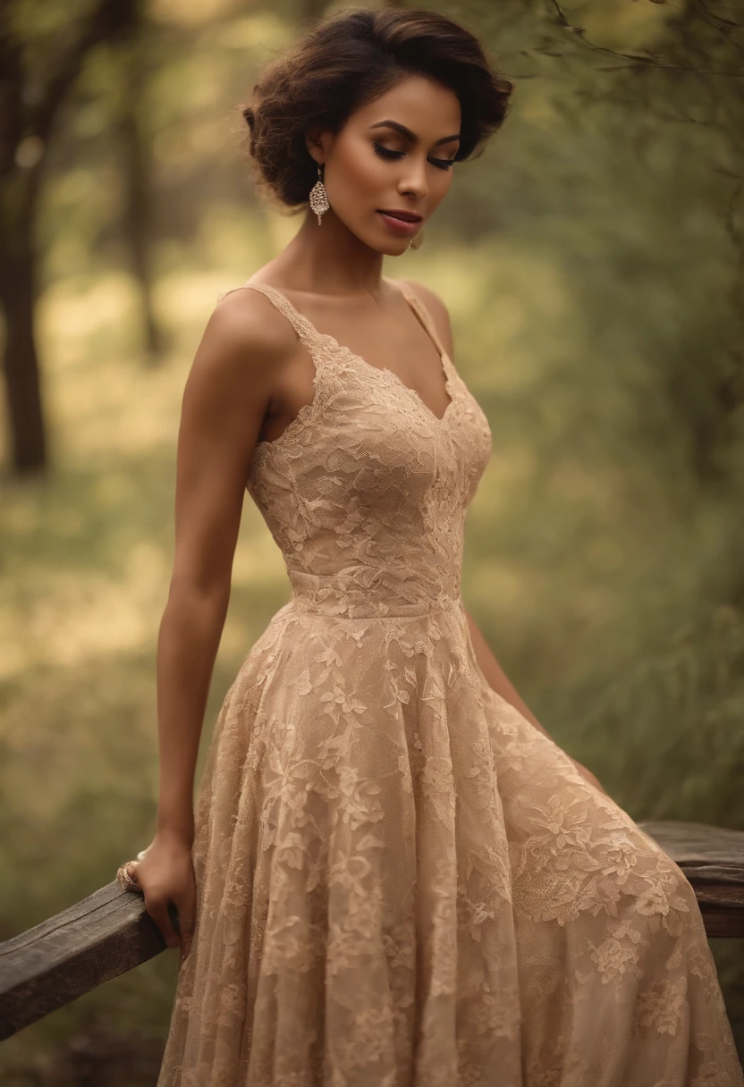 Full body of woman wearing beige lace dress