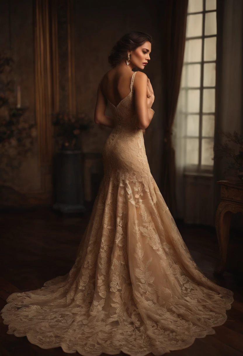 A photo of a Woman, in a beautiful gown, back turned, Fully Clothed:1.2, clothing, wearing clothes, SFW, ((Sophie Mudd:1, Sarah Stephens:0.9)) (Ultra Detailed, 8K, Highly Detailed, Ultra realistic, photo, photo realistic, masterpiece, sharpe, hyperrealistic, detailed eyes) ((skin texture, texture, realistic skin texture, high skin detail))