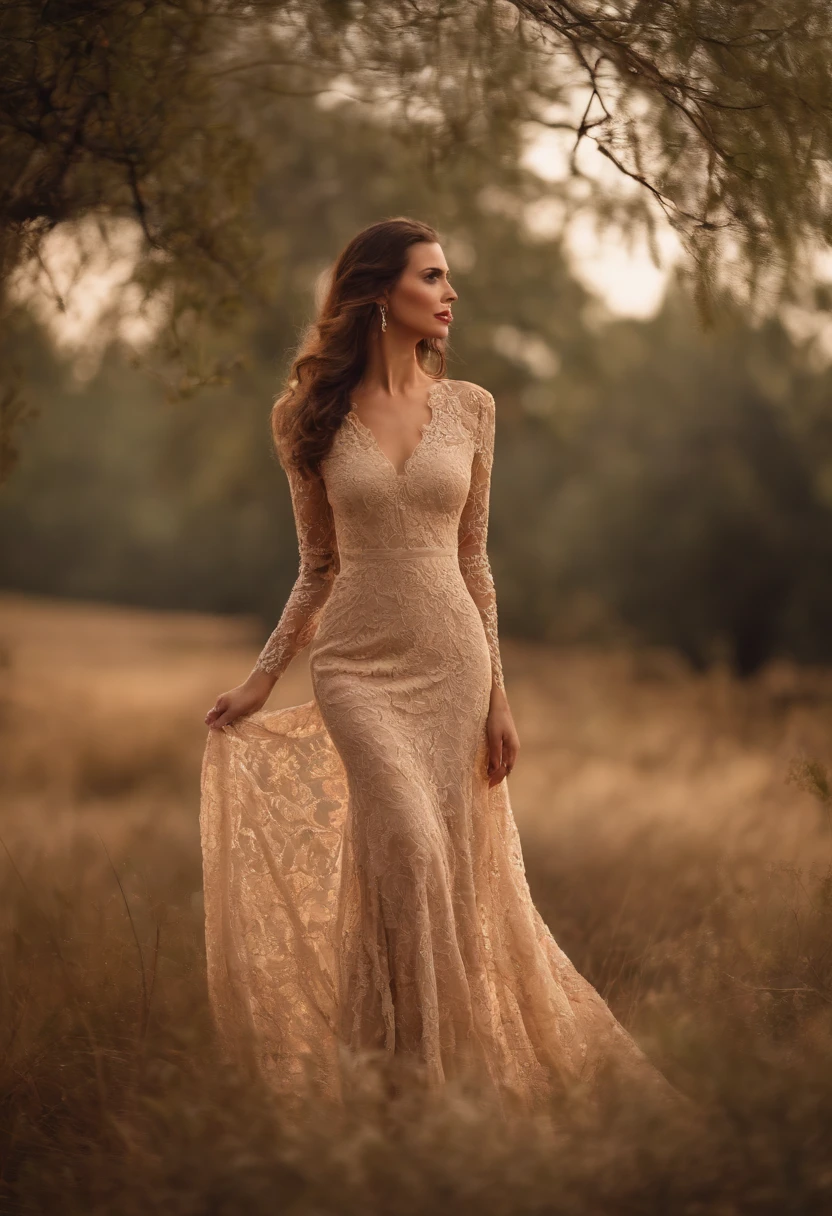 Full body of woman wearing beige lace dress