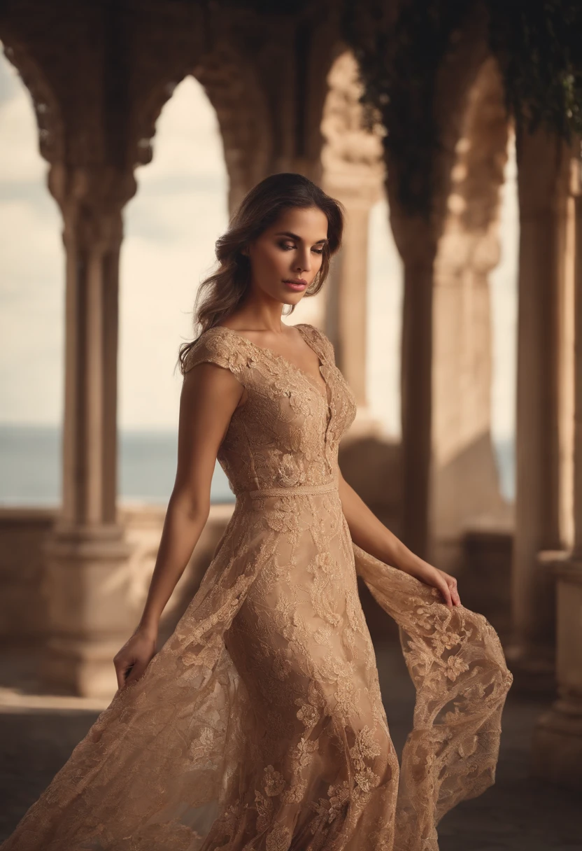 Produce an ultra-realistic Instagram model of a beautiful woman, high heel sandals, full body, long brown hair, blue eyes, soft skin, sitting on a throne, legs crossed, beautiful dress, The image has a high resolution of 4K, with soft, natural lighting that enhances the model's skin tones and the colors of their outfit, there are male slaves bowing down at the beautiful woman
