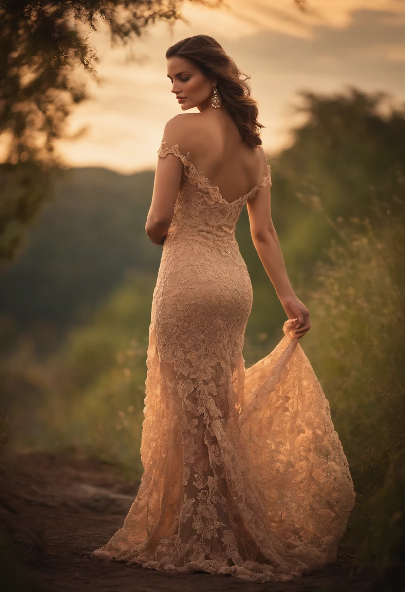 Full body of woman wearing beige lace dress