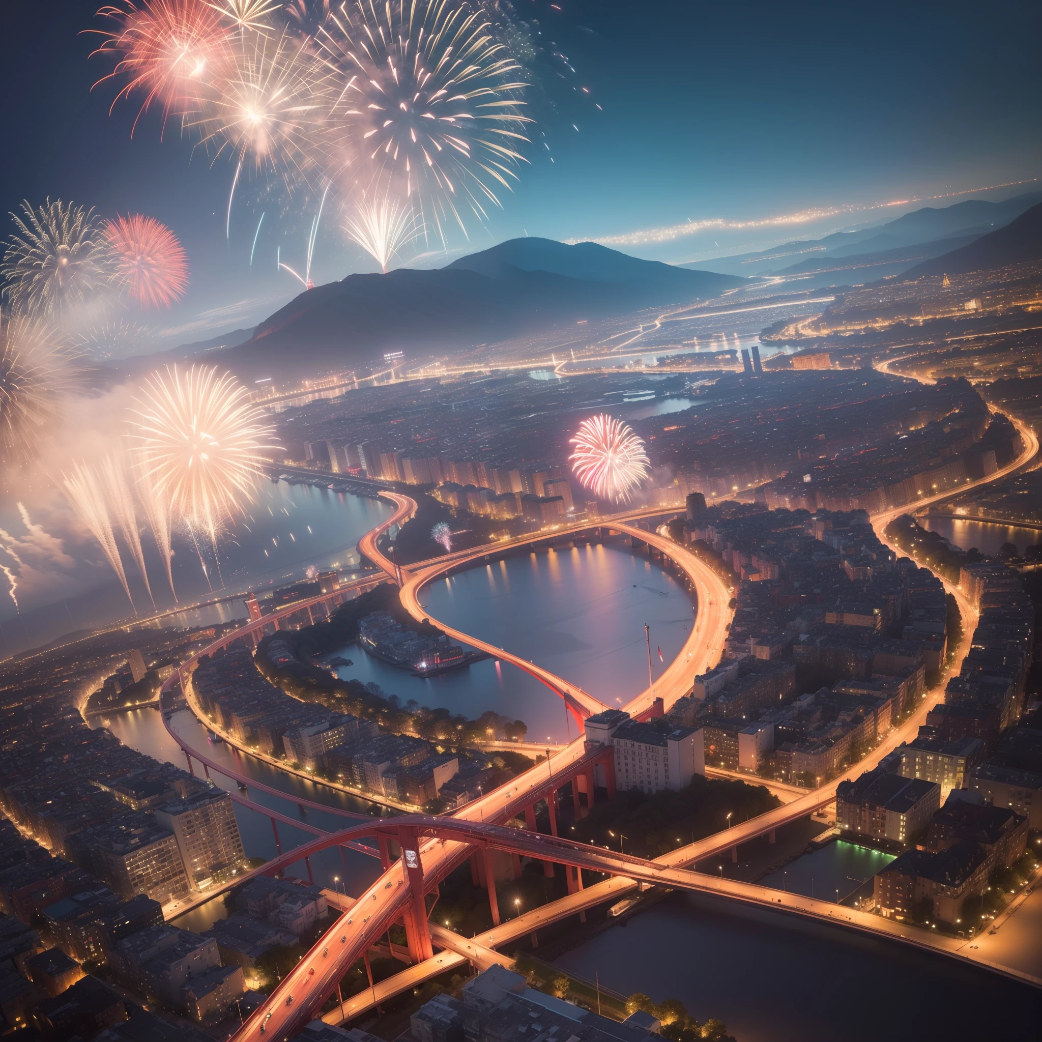 (No People, No Human:1.2), Distant view, aerial view, bird's eye view, (masterpiece, illustration, official art:1.3), majestic display of power, magic, and might, (breathtaking fireworks shot from above:1.2), resplendent red, blue, yellow and white color scheme, enchanting spectacle, swirling patterns, intricate details, painterly strokes, magical energy, suspended time, radiant trails, theatrical performance, orchestration of wonder, Let Freedom Ring.