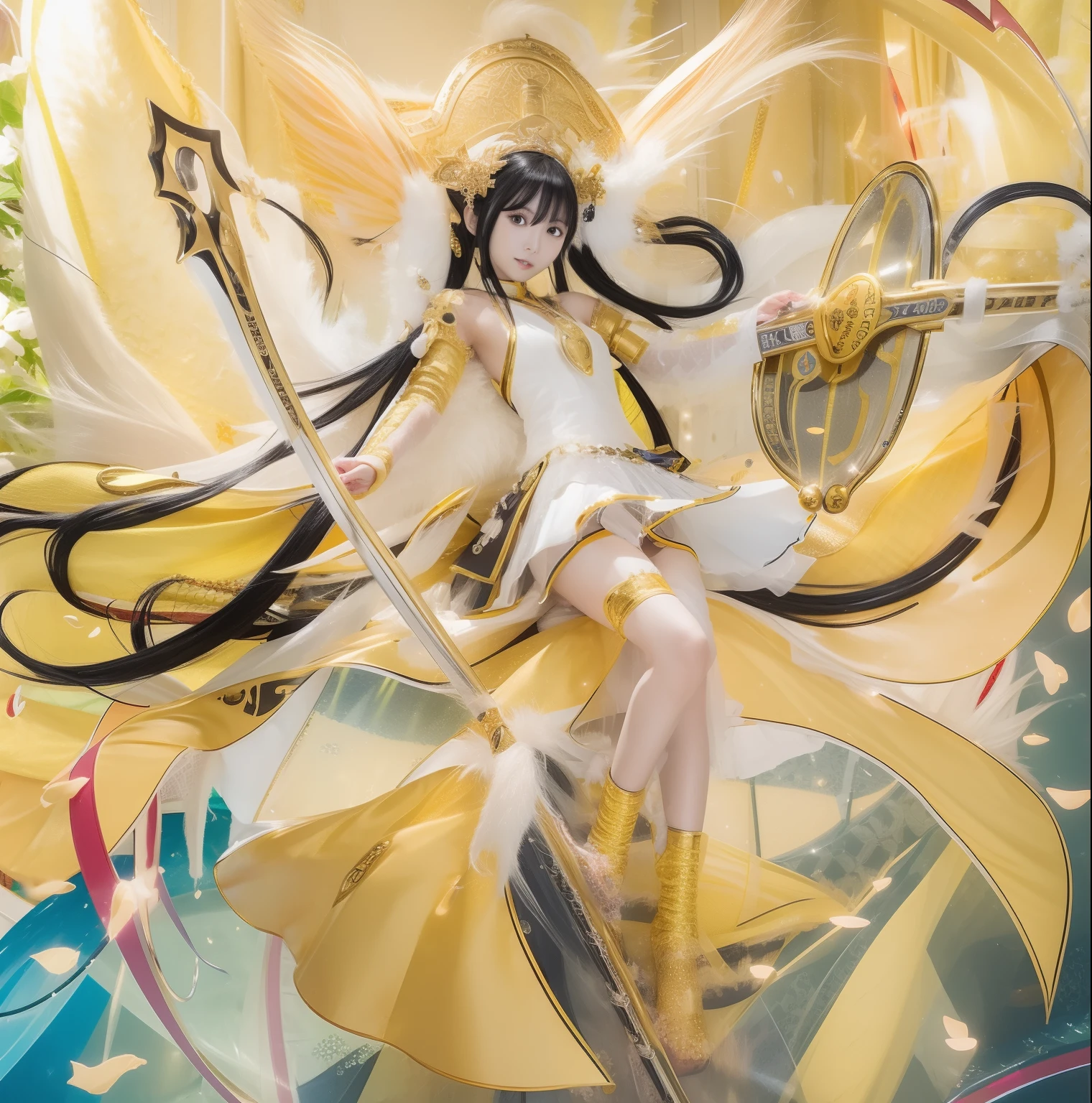 1Girl, Mikanko the of oohime, Black hair, drees white gold, Realistic, Ultra Detail, eyes yellow , Yellow sword, 70mm lens