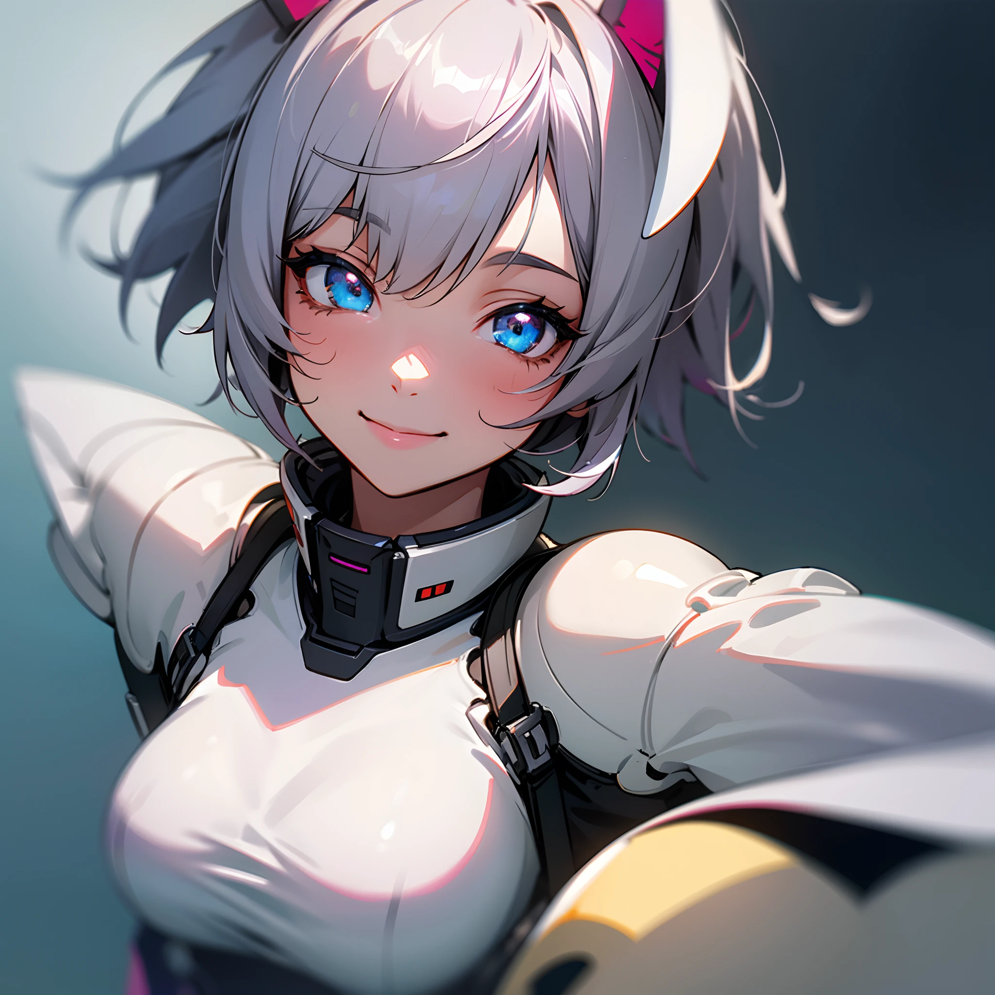 Girl with short gray hair, Bunny ears, And smile. (Best Quality, Ultra-detailed), Digital Painting, Vibrant colors, Soft lighting