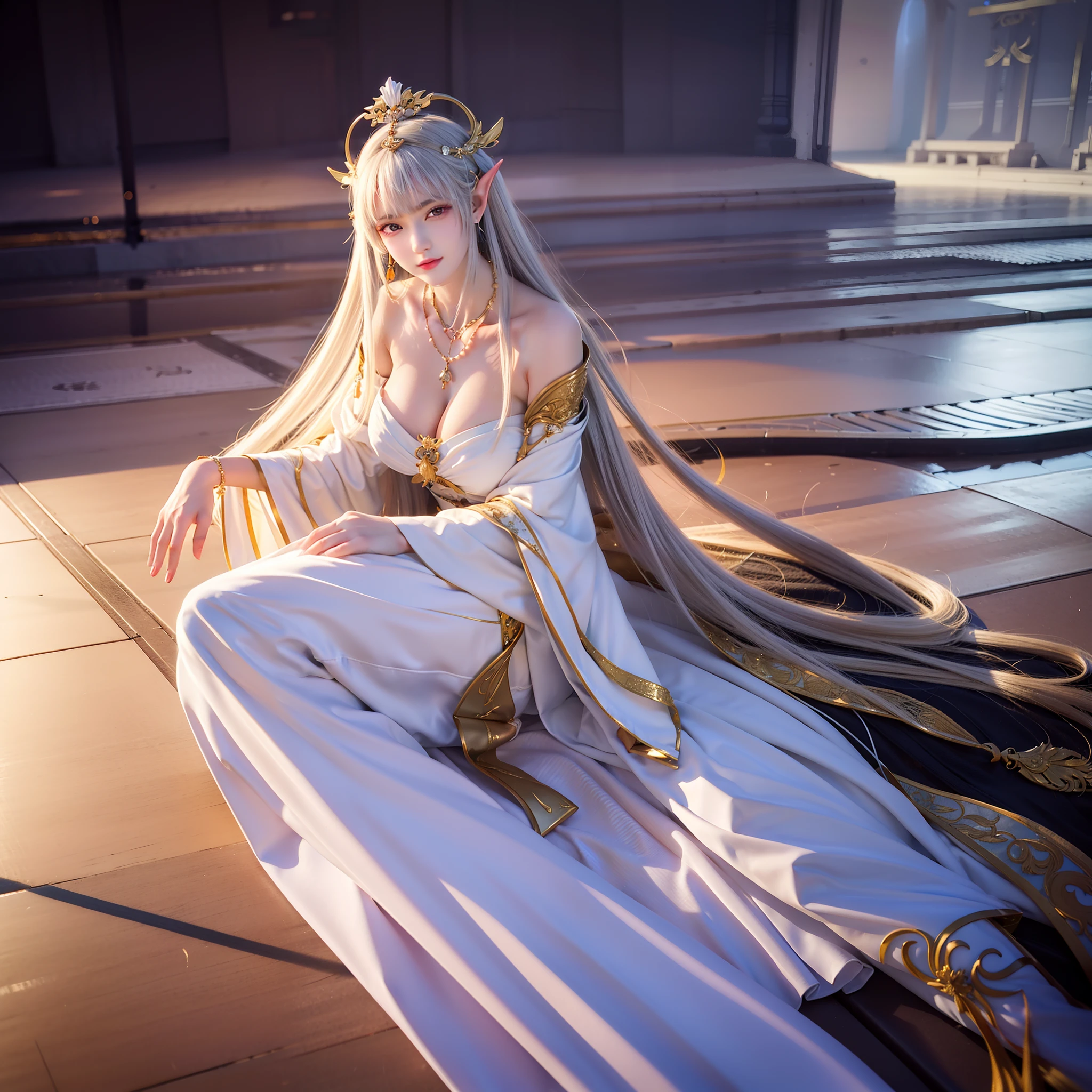 a close up of a woman in a white dress posing for a picture, a beautiful fantasy empress, anime goddess, ((a beautiful fantasy empress)), beautiful goddess, beautiful alluring anime woman, full body xianxia, japanese goddess, 8k high quality detailed art, white robe with gold accents, elegant gold body, beautiful and elegant elf queen.