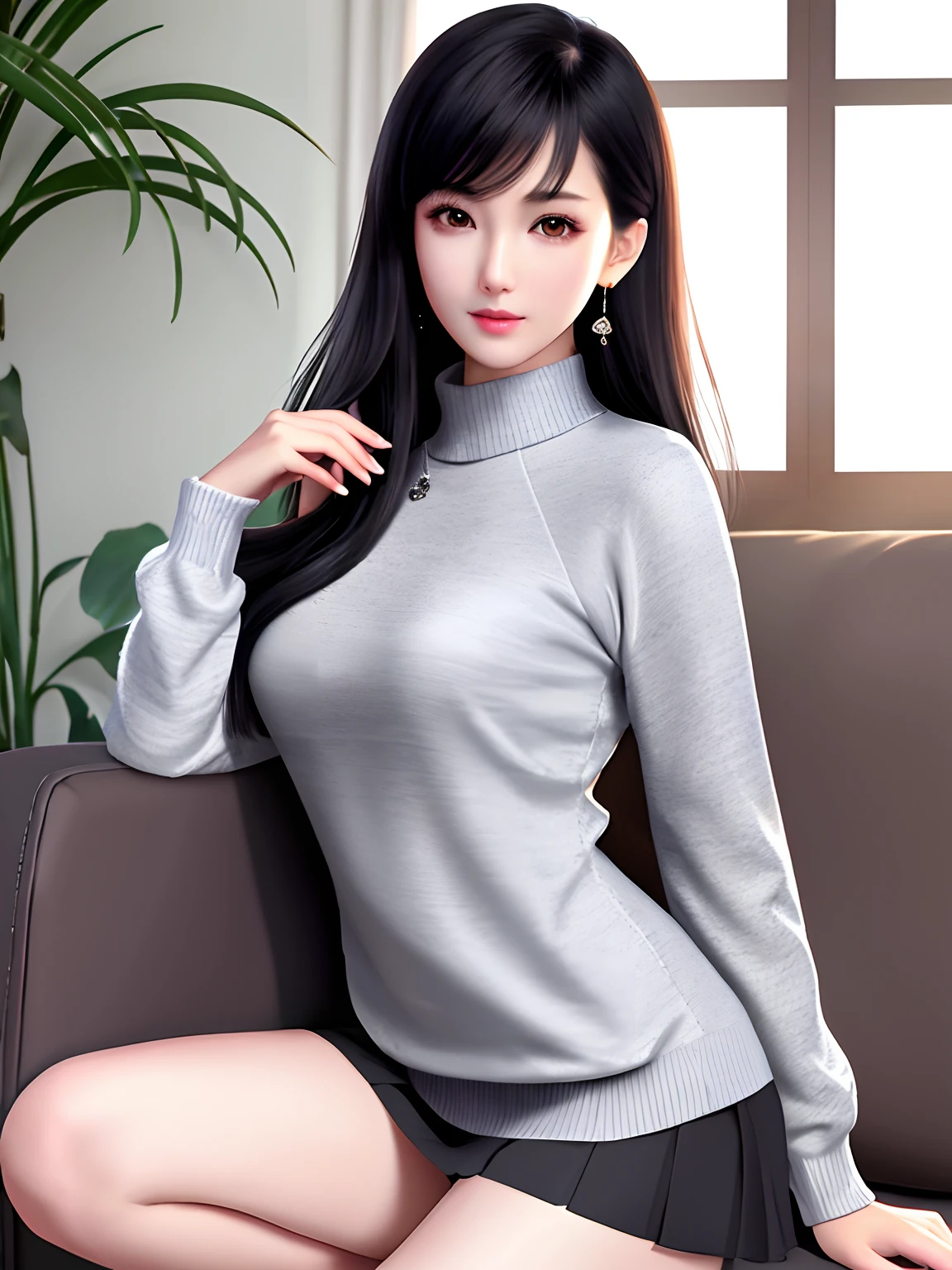 extremely detailed （(addielyn）)， detailed eyes，

（Best quality details:1.2），realistic，8K High definition，(1girl:1.2)，Ultra Detailed，High quality texture，intricate details，detailed texture，finely detailed，high detail，extremely detailed cg，High quality shadow，Detailed beautiful delicate face，Detailed beautiful delicate eyes，Depth of field，Ray tracing，(a beautiful25age years old sexy korean woman:1.1)，medium breast， tall_female， beautiful_legs， Glow Eyes，blush， perfect body，skinny， (black sweater:1.4)， (open grey coat:1)，(short plaid tight skirt :1.2)， (stockings_garterbelt:1.1， stilleto:1.1)， (bob cut:1.1)， street， sunlight， kneeling on sofa， earrings，necklace， model， looking at viewer， from side， dynamic pose， mole under eye，