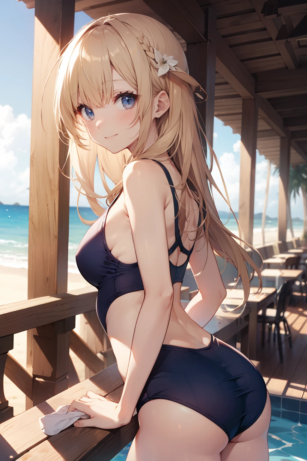 top-quality、Full limbs、complete fingers、Slender beauty、straight haired、Blonde longhair、Sailor School Swimsuit、Small eyes、ssmile、the beach、a straw fedora hat