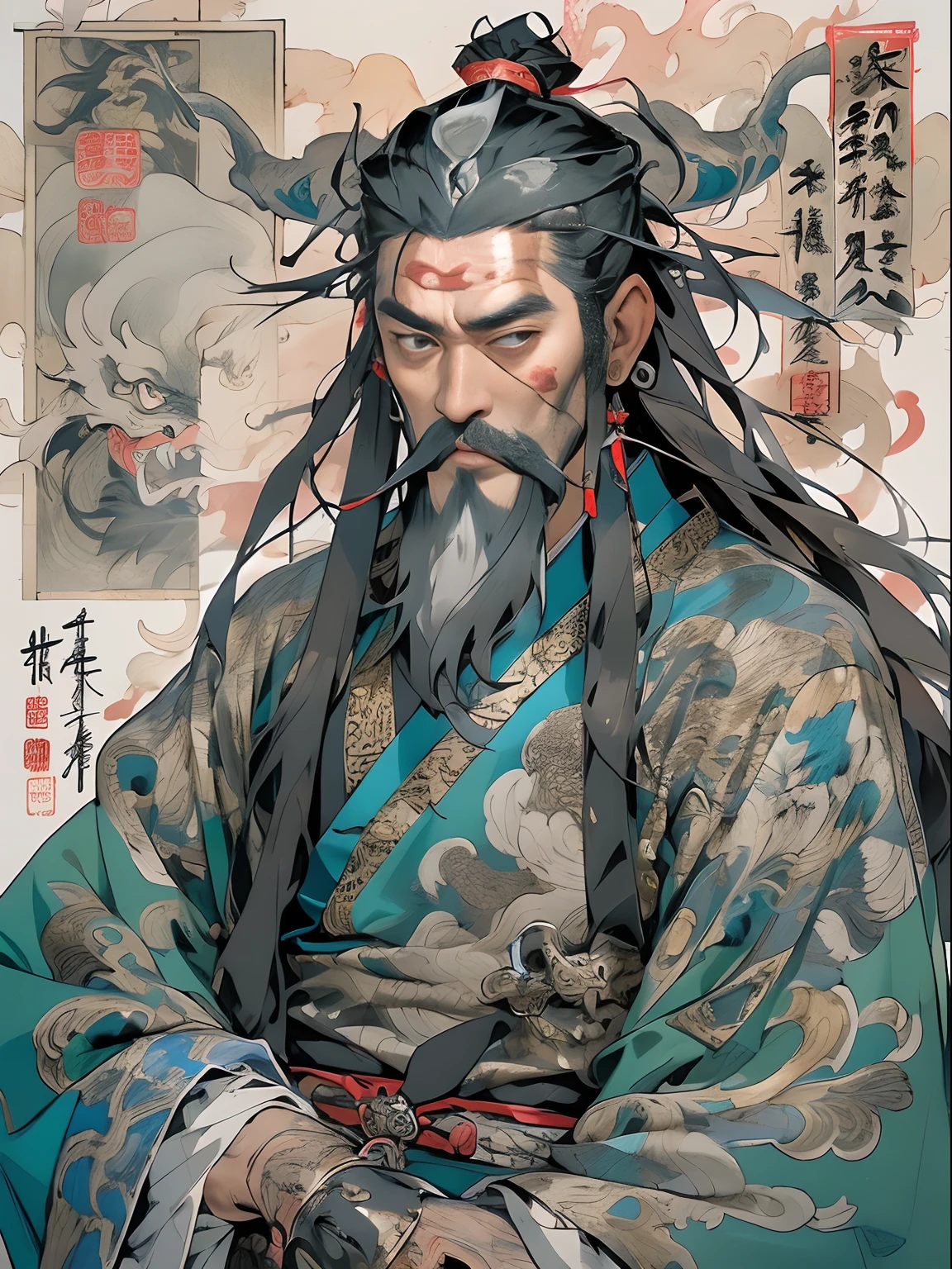 (((China-style,Ink painting method,Half-length portrait,Intense color,Han dynasty, China,Hanfu,Armor,Guan yu,Guan Yunchang,of a guy,Ruddy killing square face,Hold the Blue Dragon Moon Knife in his right hand,Stroke your beard with your left hand,Long hair,petty eyes,Green robe))), (((best qualityer))), (((tmasterpiece))), (((AS-Adult))), ((( Japanese ))), Look up from your knees, Handsome Asian samurai,perfect body figure, Modern samurai, ((( Asian))), Wear gloves on your hands,The left arm is made of steel and metal tips,Made of protective devices, The eyes are pulled, (( Appears below the chest )), (( Small dental floss )), Simon Bisley, Almost naked(Simon Bisley)Castle City Wilderness,For high-resolution posters, hair straight, Minimum clothing, armure (Crazy clothes ), Full of tips and rivets, tribal tattoos, (((full bodyesbian))), Straight brunette hair,Colored hair ends